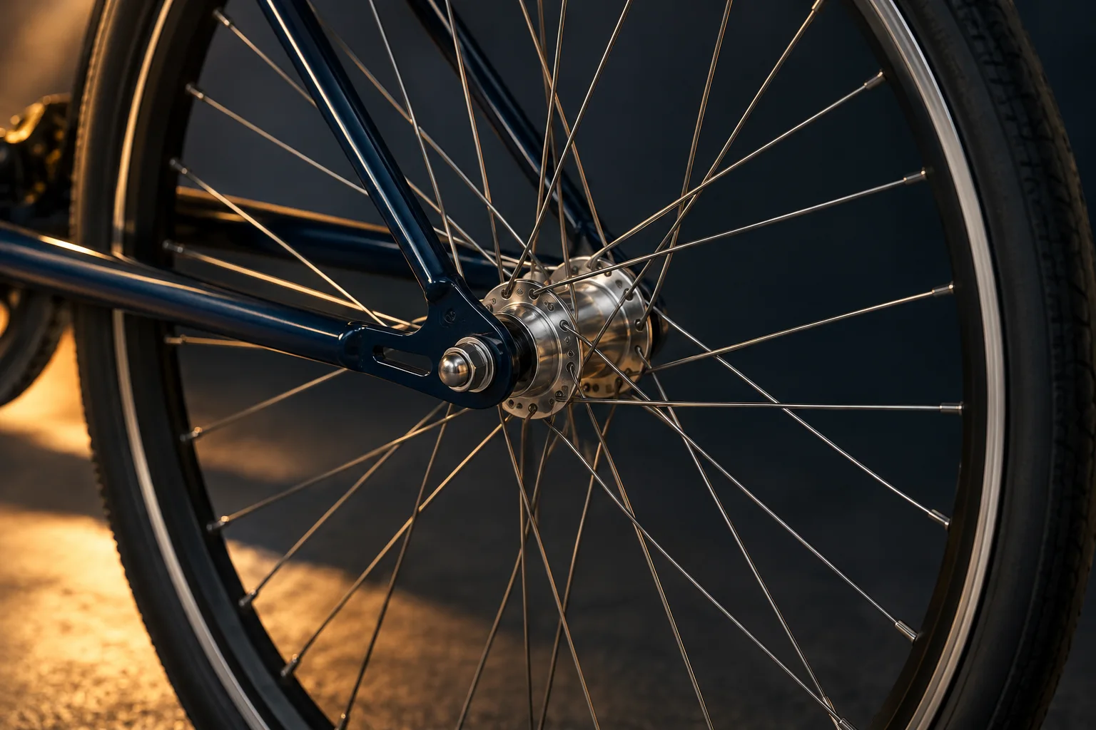 Generated editorial illustration of a bicycle rear hub and spokes from the non-drive side.