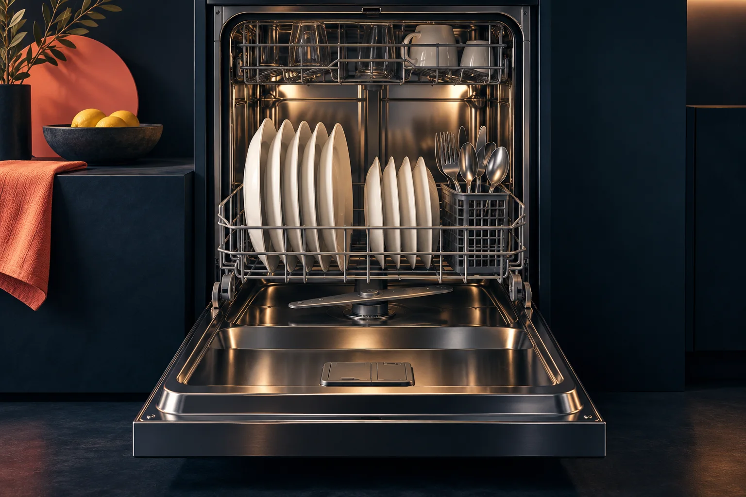 Generated editorial illustration of dishes inside a dishwasher; not a specific model's plumbing layout.