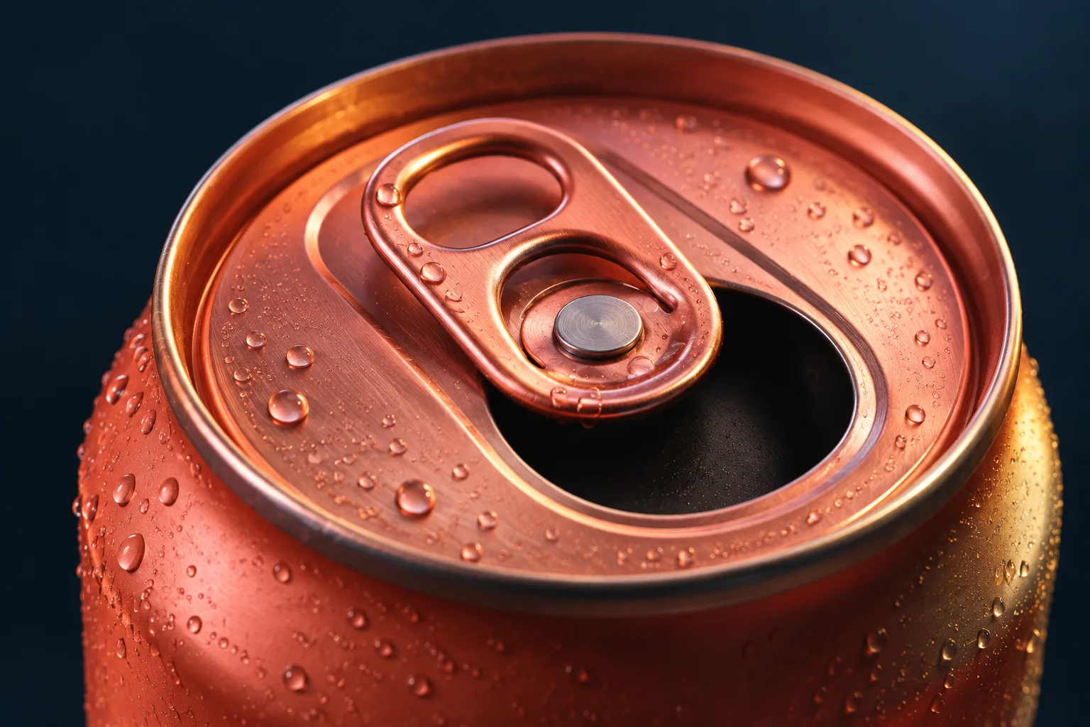 Generated editorial macro illustration of an aluminum drinks can tab on a dark background.