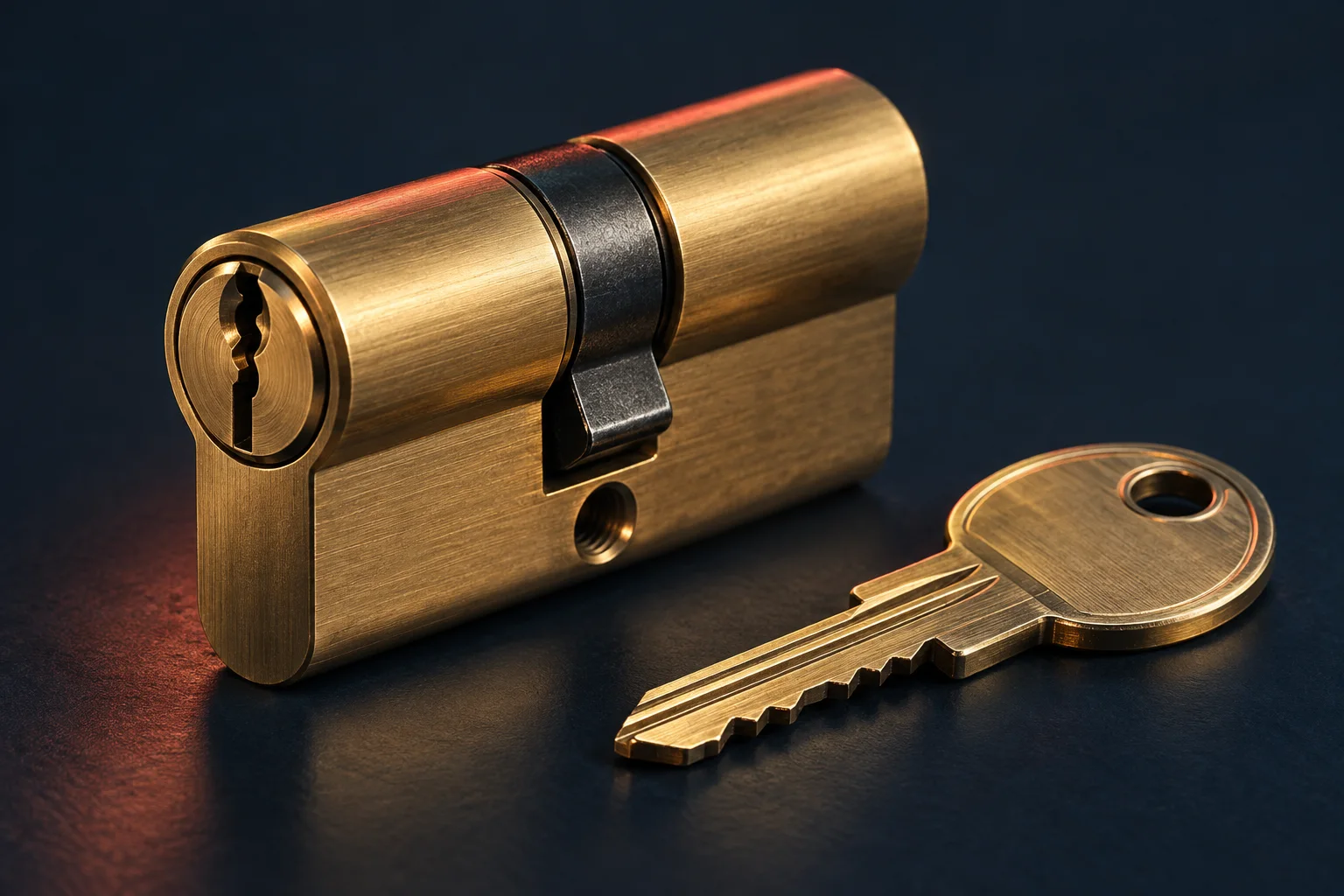 Generated editorial macro illustration of a brass lock cylinder and a matching key.