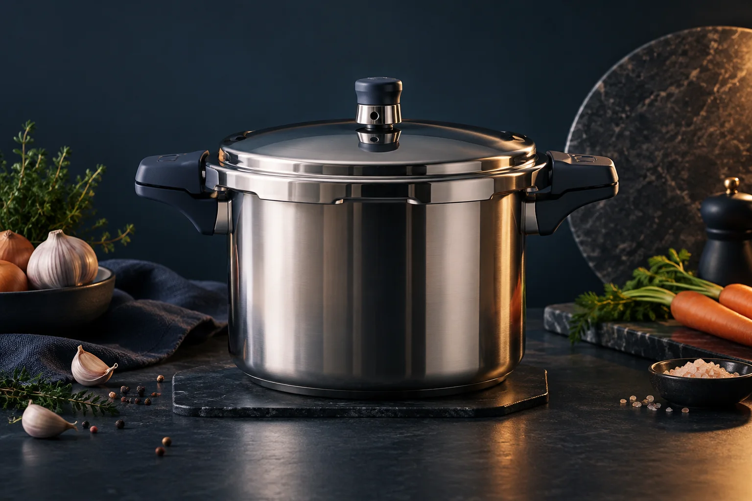 Generated editorial illustration of a stainless-steel pressure cooker with its closed lid and regulator.