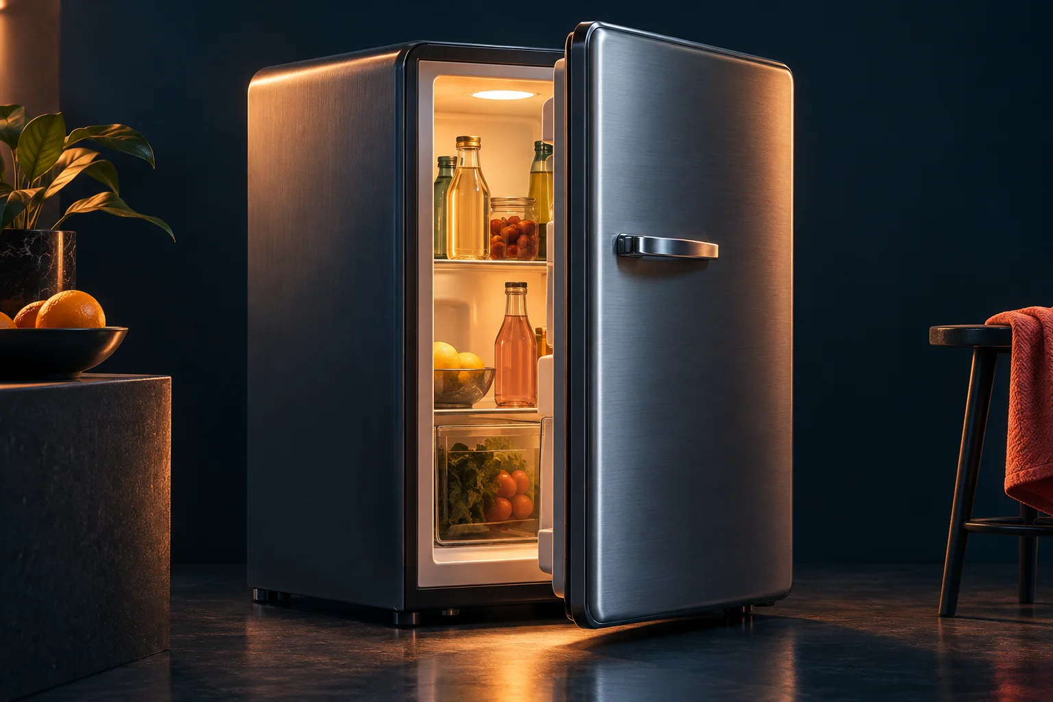 Generated editorial illustration of a domestic refrigerator; not a product photograph or an exact cooling-system cutaway.