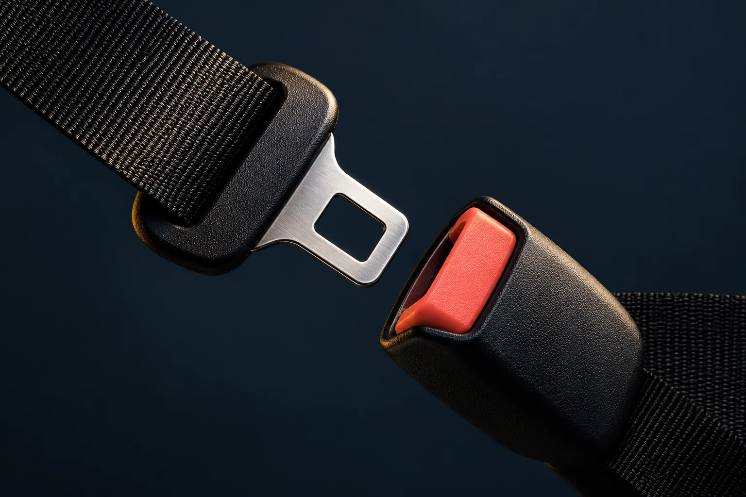 Generated editorial close-up of seat belt webbing winding into a retractor housing.