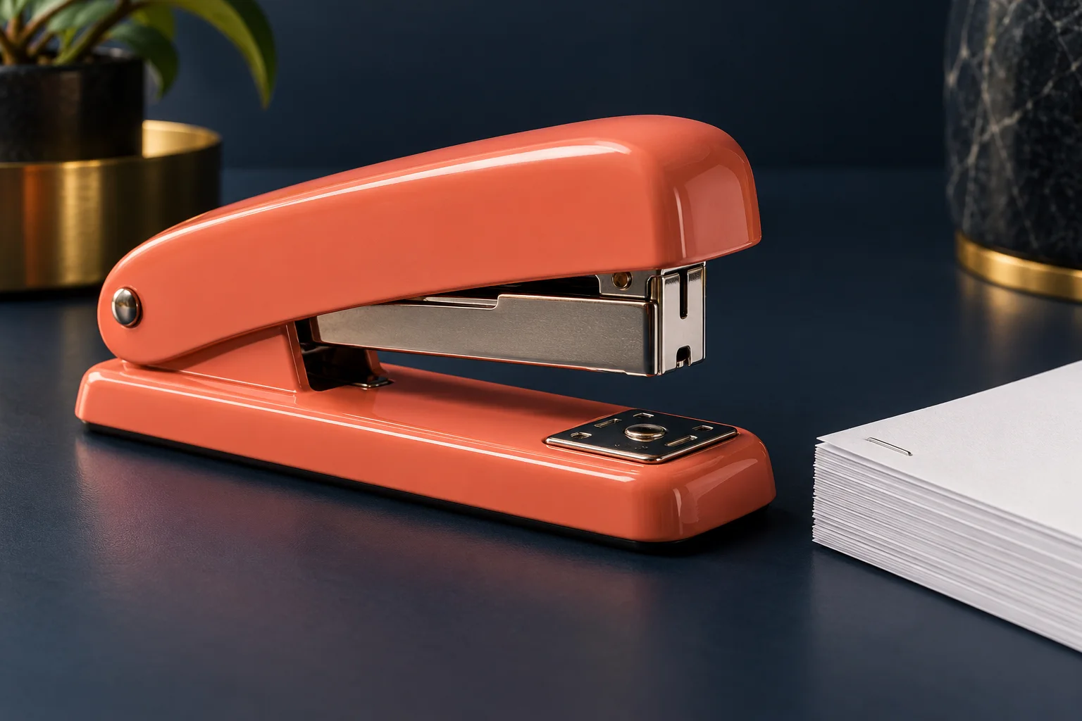 Generated editorial close-up of a metal desktop stapler and a strip of staples.