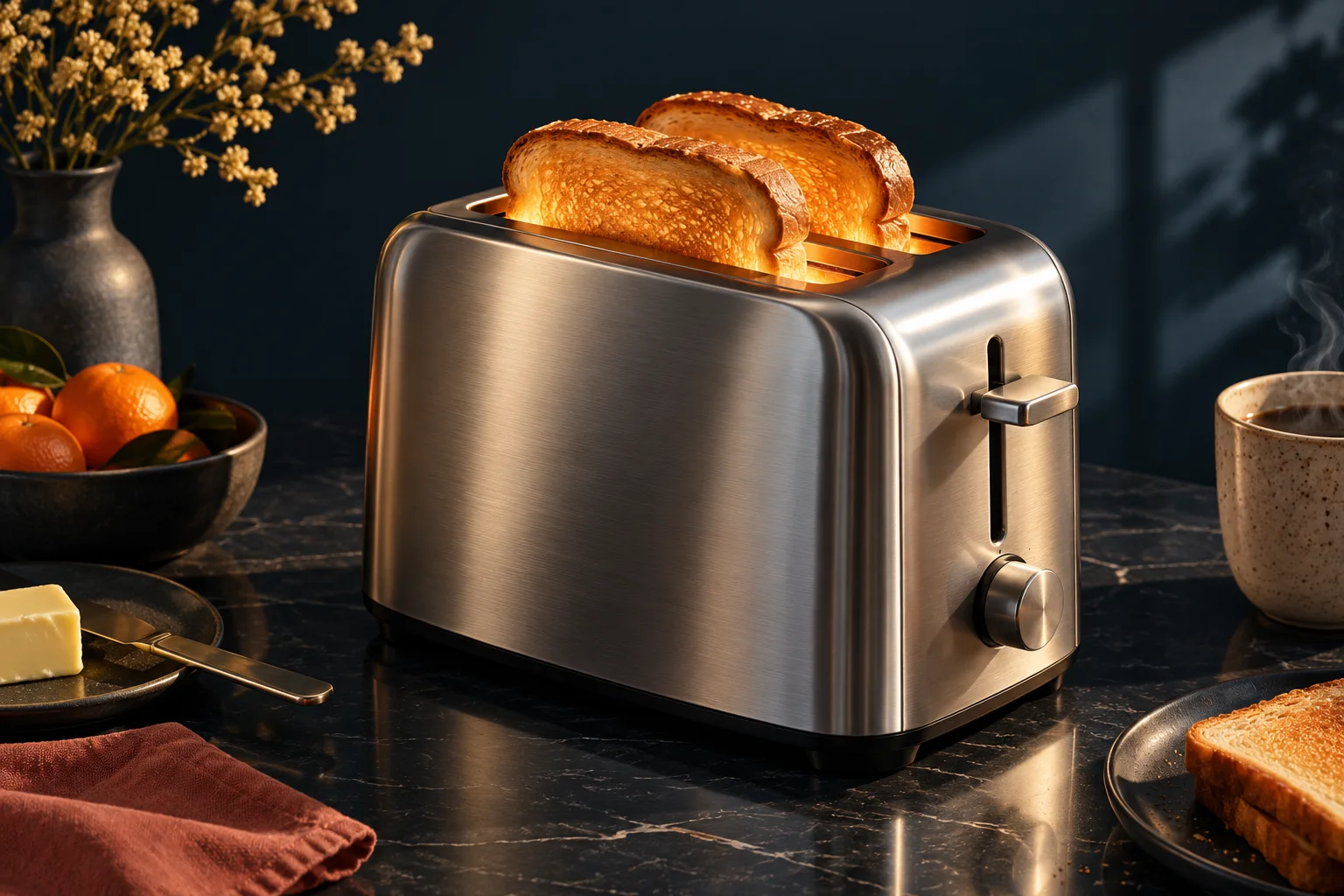 Generated editorial illustration of bread in a slotted toaster; the artwork does not document a particular heating or latch mechanism.