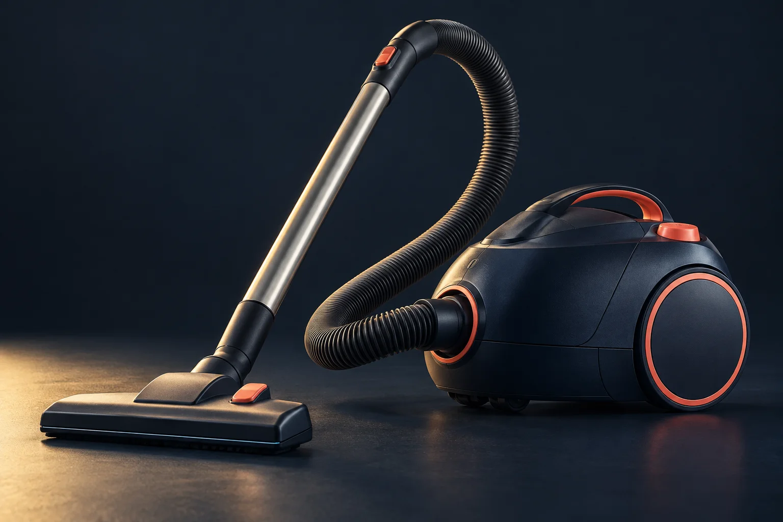 Generated editorial illustration of a vacuum cleaner and household dust; not a filtration-performance demonstration.