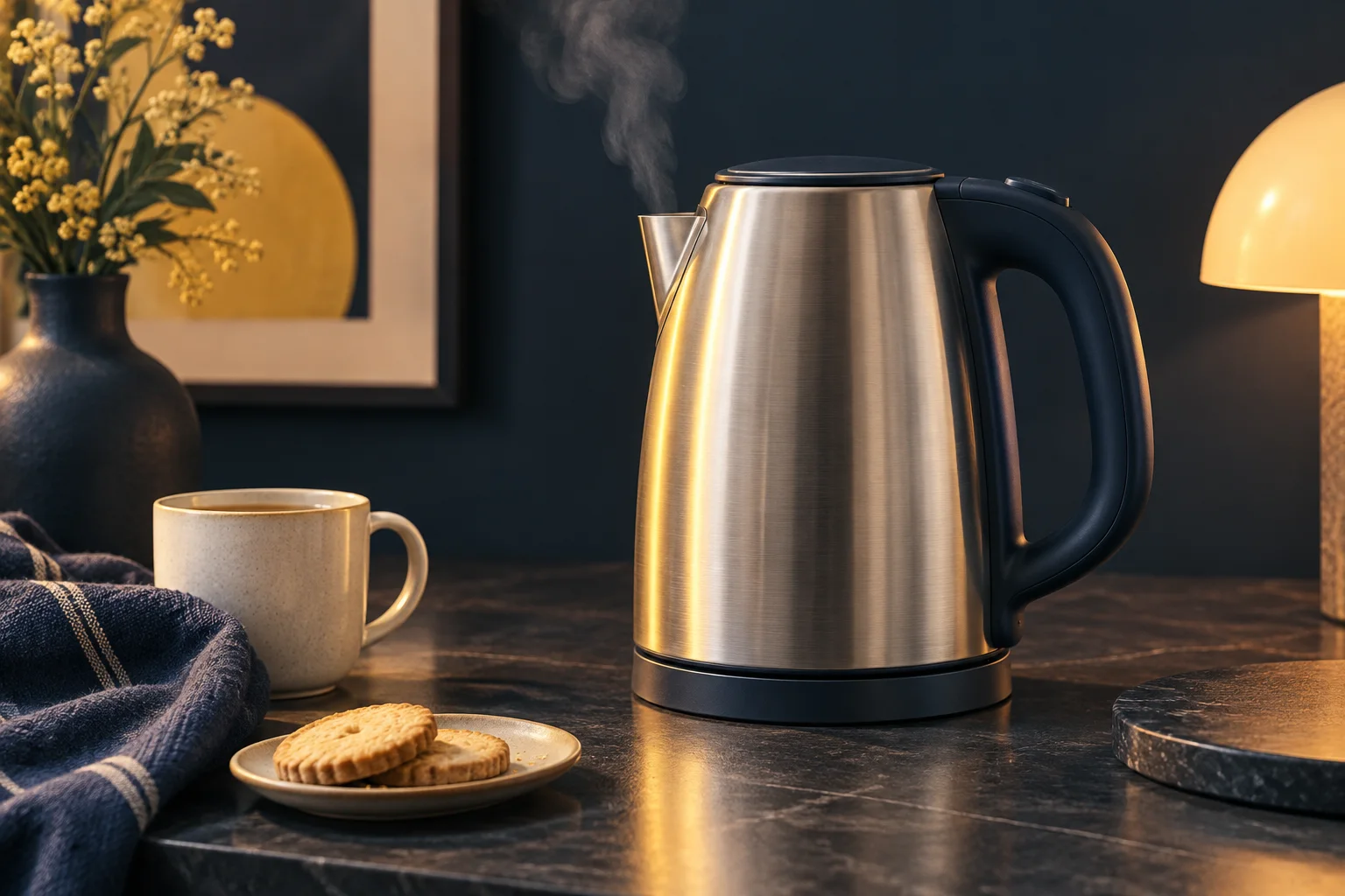 Generated editorial illustration of an electric kettle with steam; the control mechanism is explained separately in the diagram.