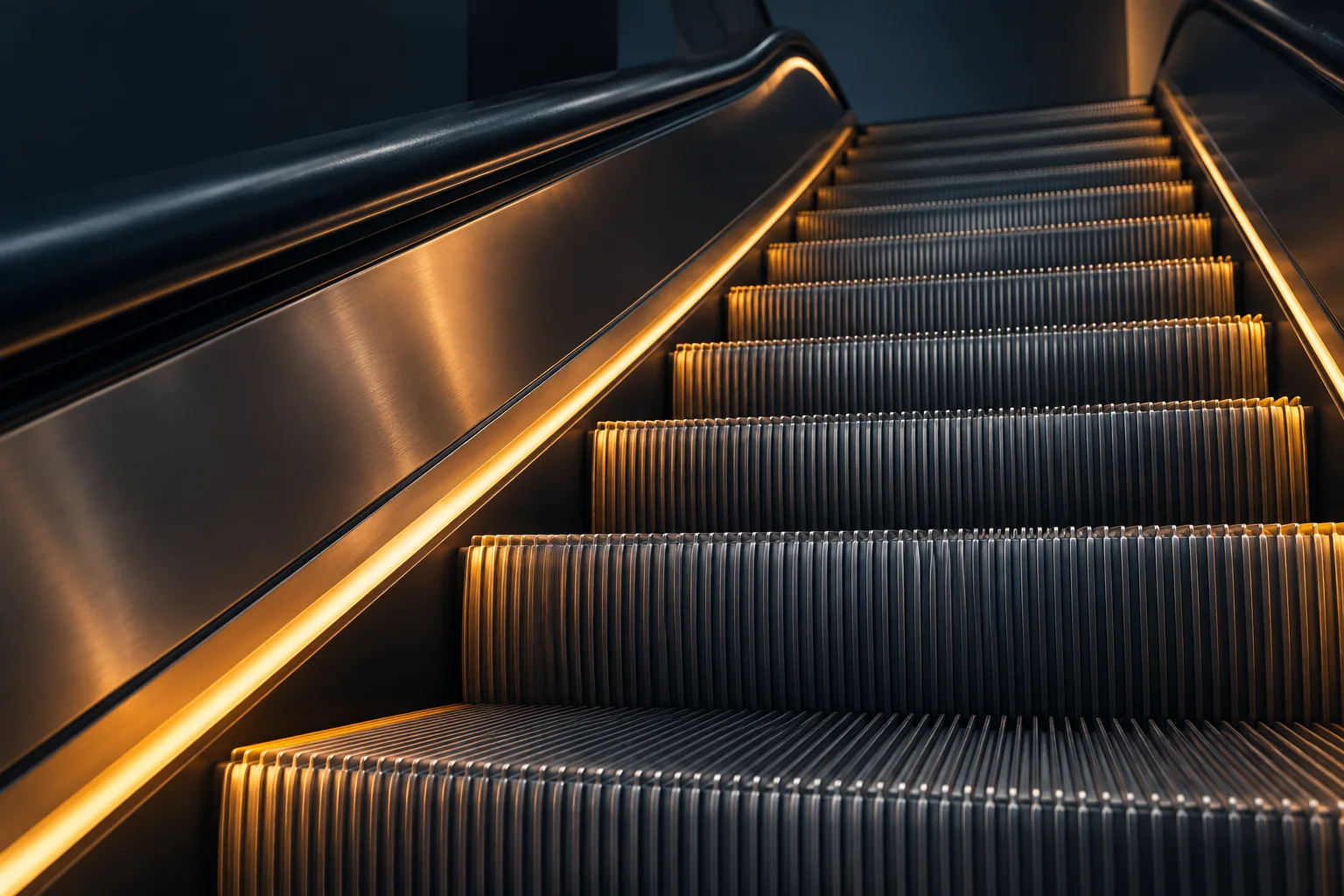 Generated editorial illustration of an escalator in a public interior; not a product photograph or installation drawing.