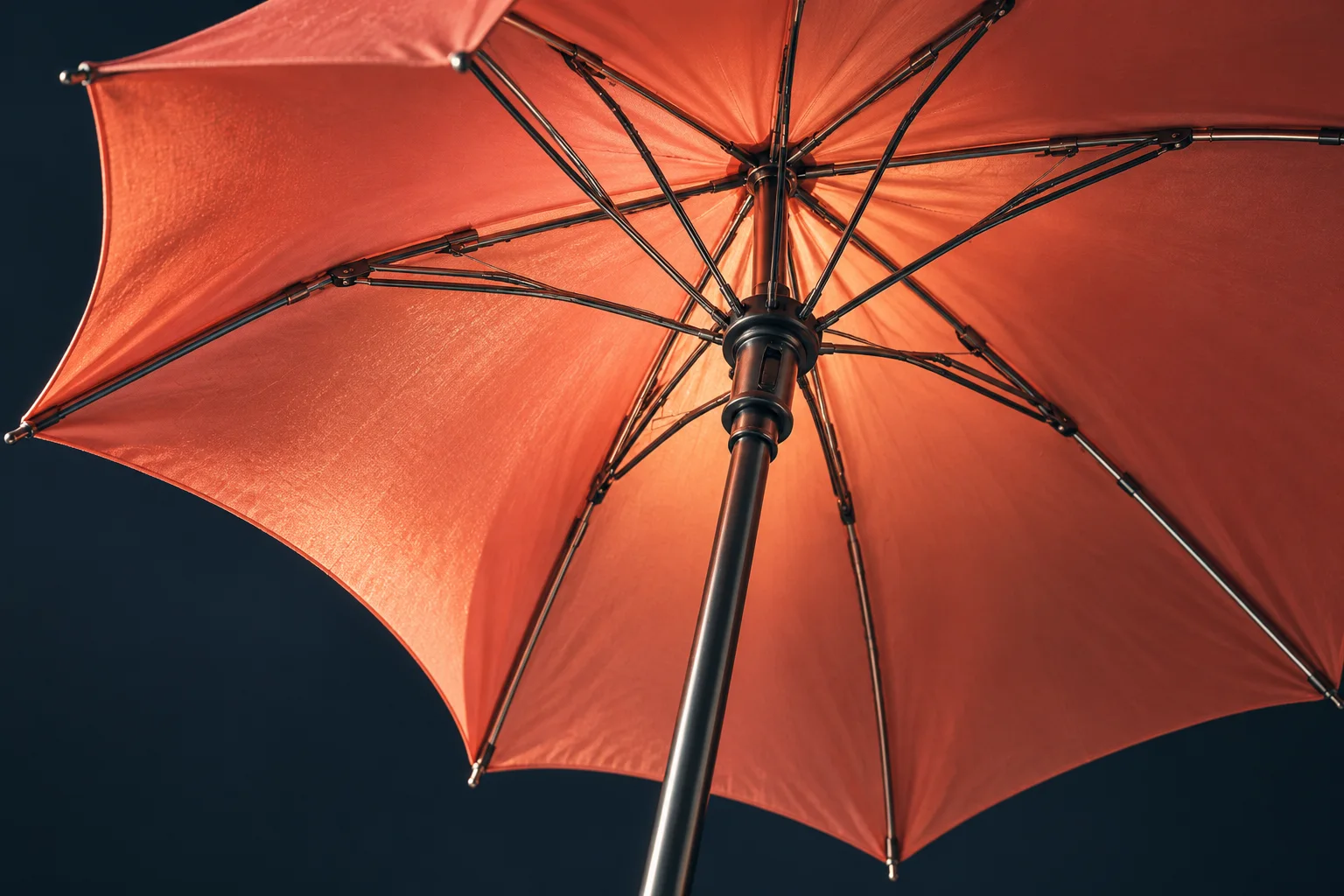 Generated editorial illustration of an umbrella frame with ribs visible beneath the canopy.