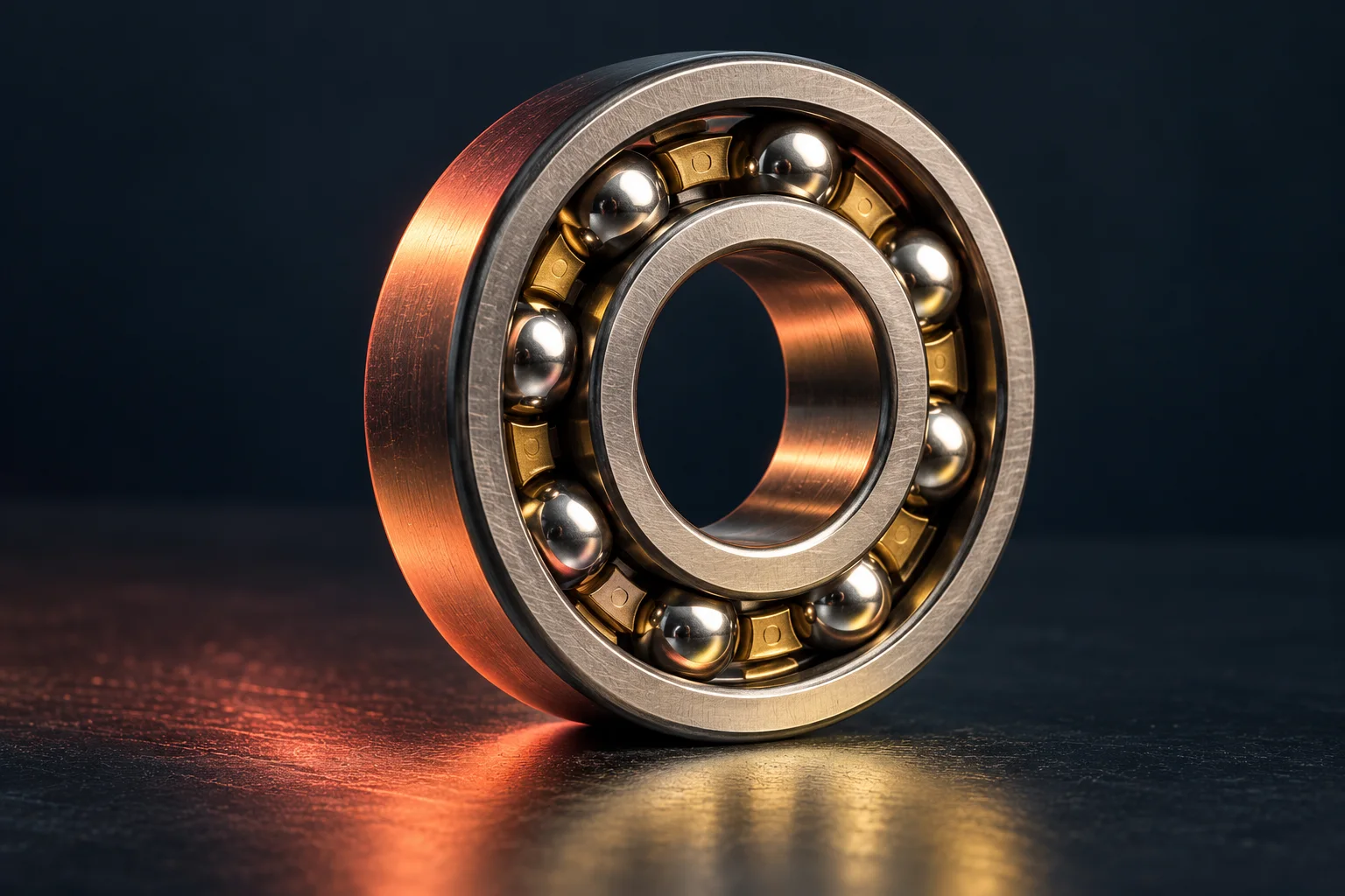 Generated editorial macro illustration of a steel ball bearing with visible balls and rings.