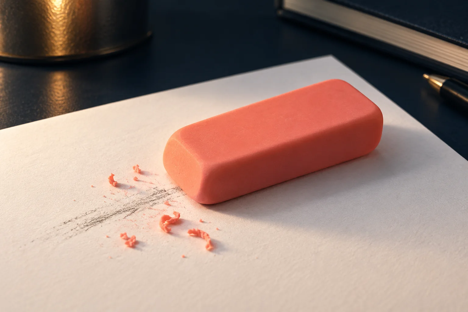 Generated editorial macro illustration of a pale eraser beside graphite-darkened crumbs on white paper.
