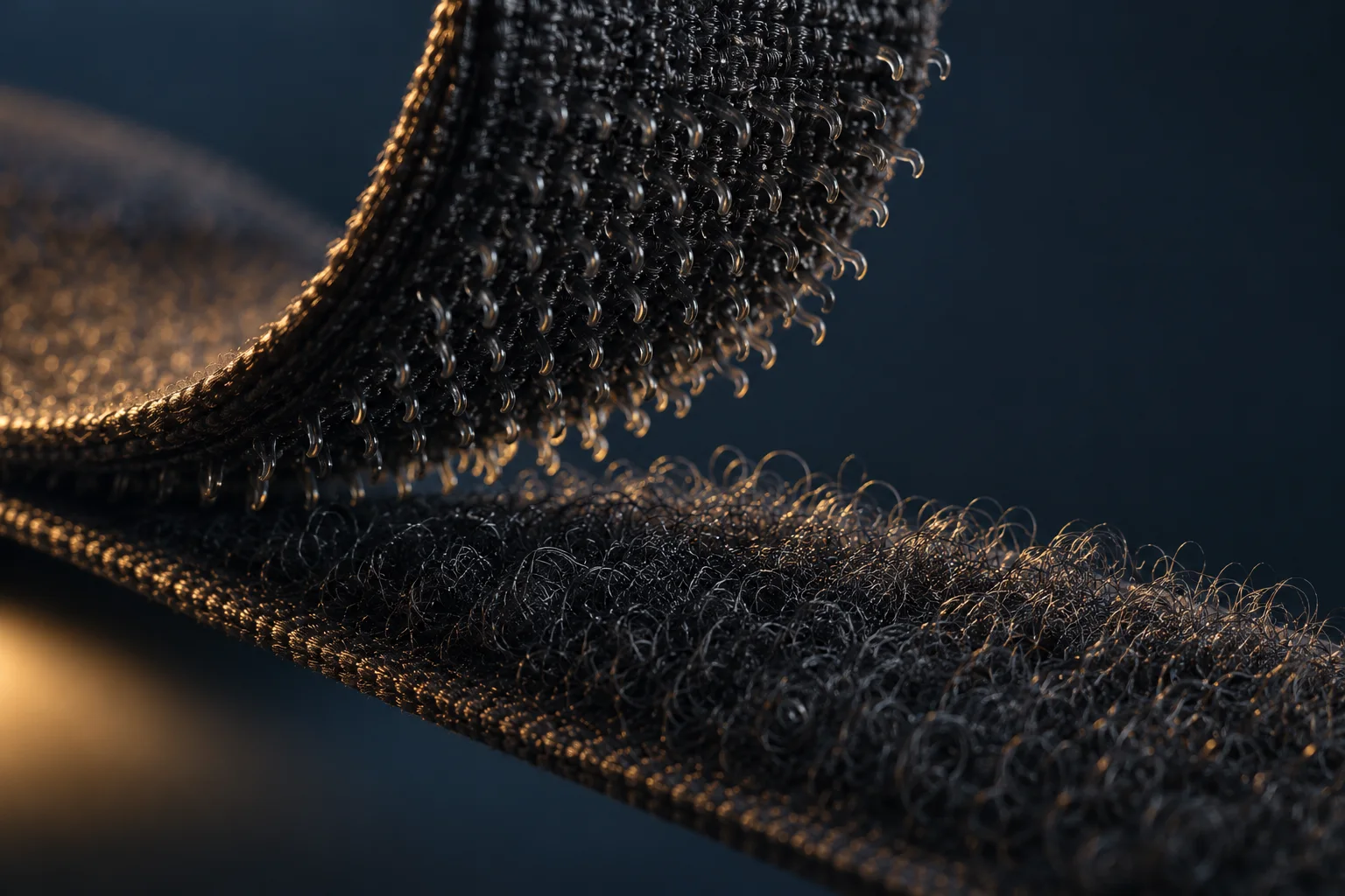 Generated editorial macro illustration of two dark hook-and-loop textile strips, partly separated.