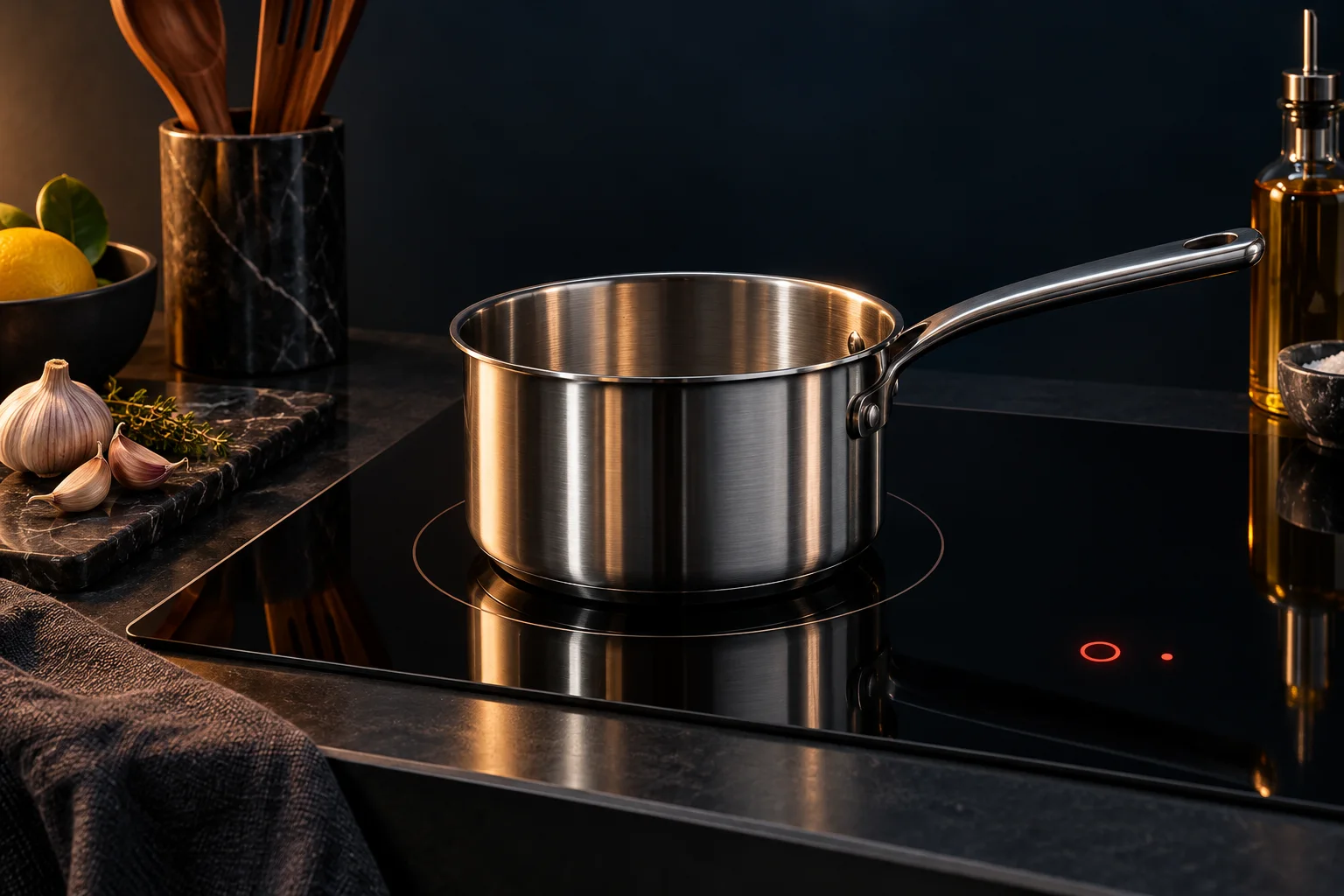 Generated editorial illustration of a pan on an induction cooktop; not a measured magnetic-field visualization.