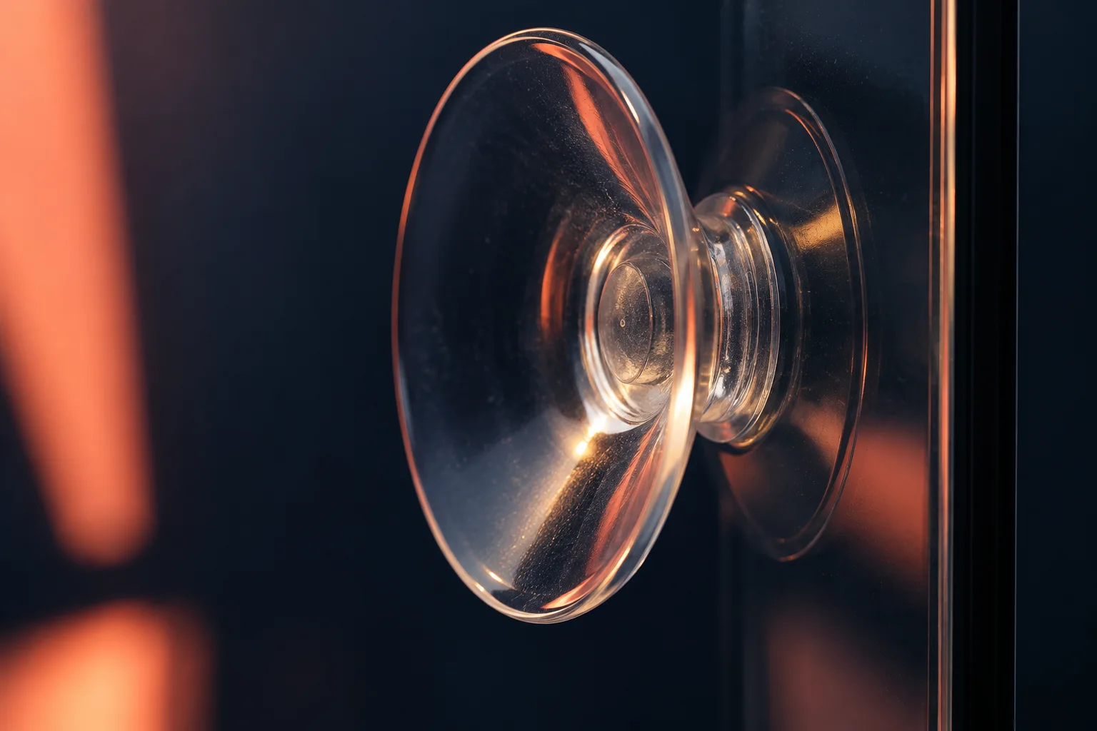 Generated editorial close-up of a translucent suction cup against dark glass.