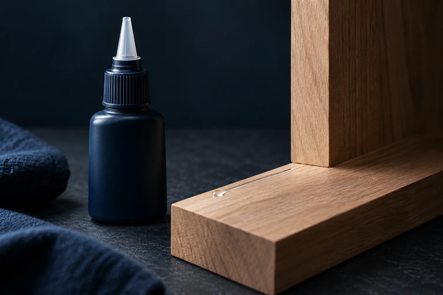 Generated editorial still life of a small unbranded glue nozzle above a separated ceramic joint.