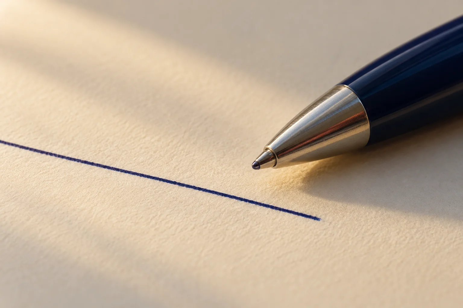 Generated editorial close-up of an unbranded ballpoint tip resting beside a fresh ink line on cream paper.