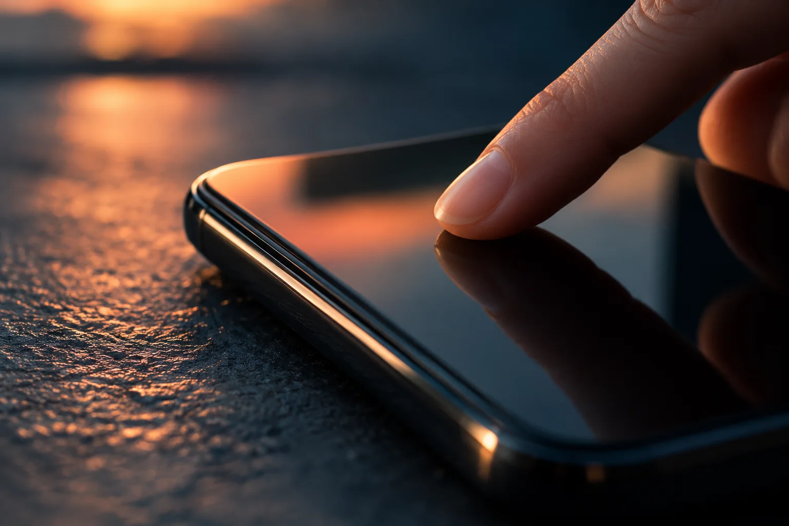 Generated editorial illustration of a fingertip touching the corner of a blank dark glass phone screen.