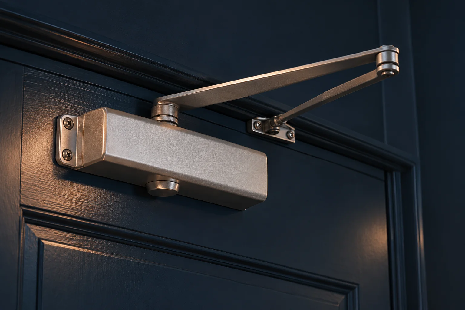 Generated editorial illustration of an overhead door closer and its linked arms on a navy door.
