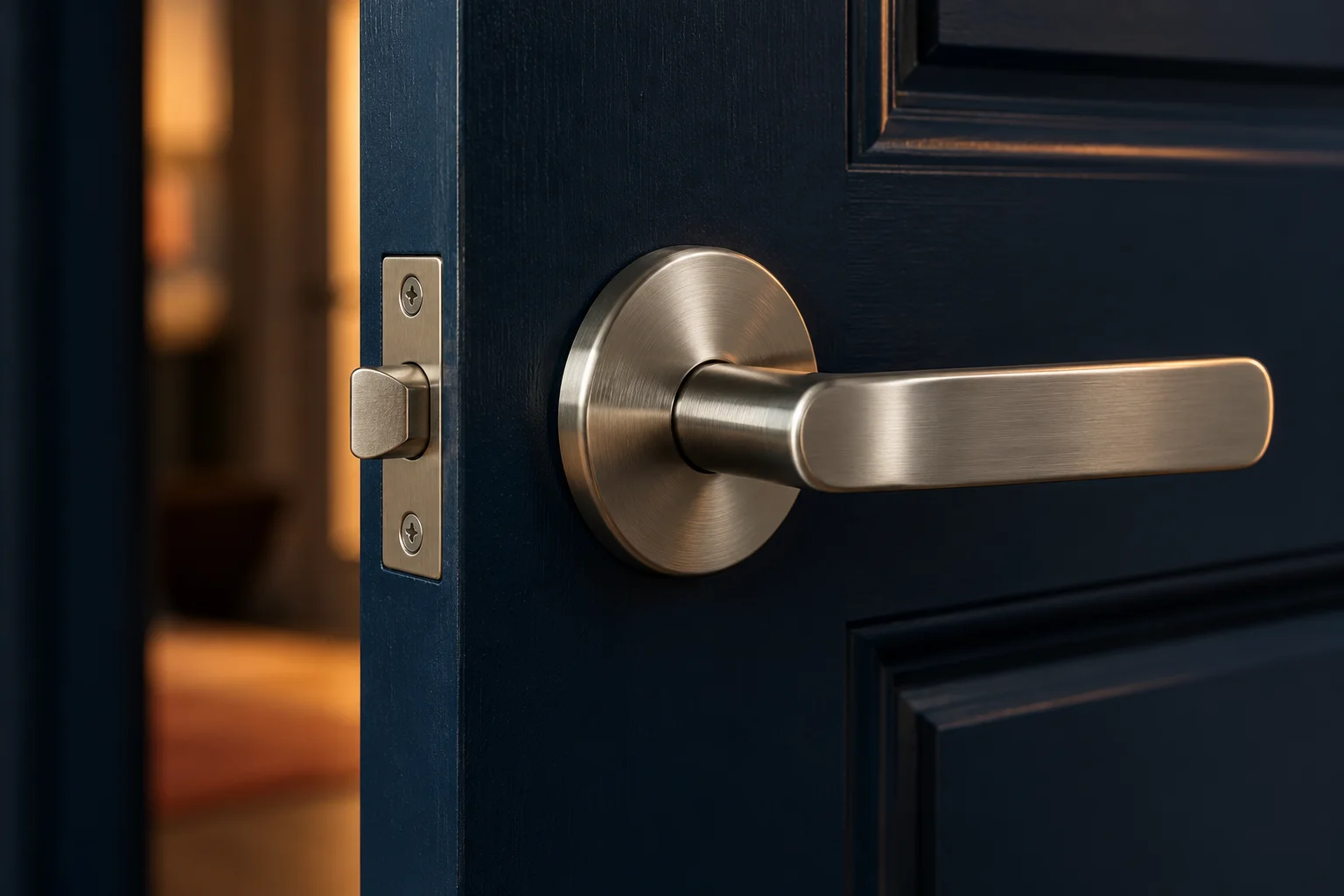 Generated editorial illustration of a lever handle and beveled latch at a partly open door edge.