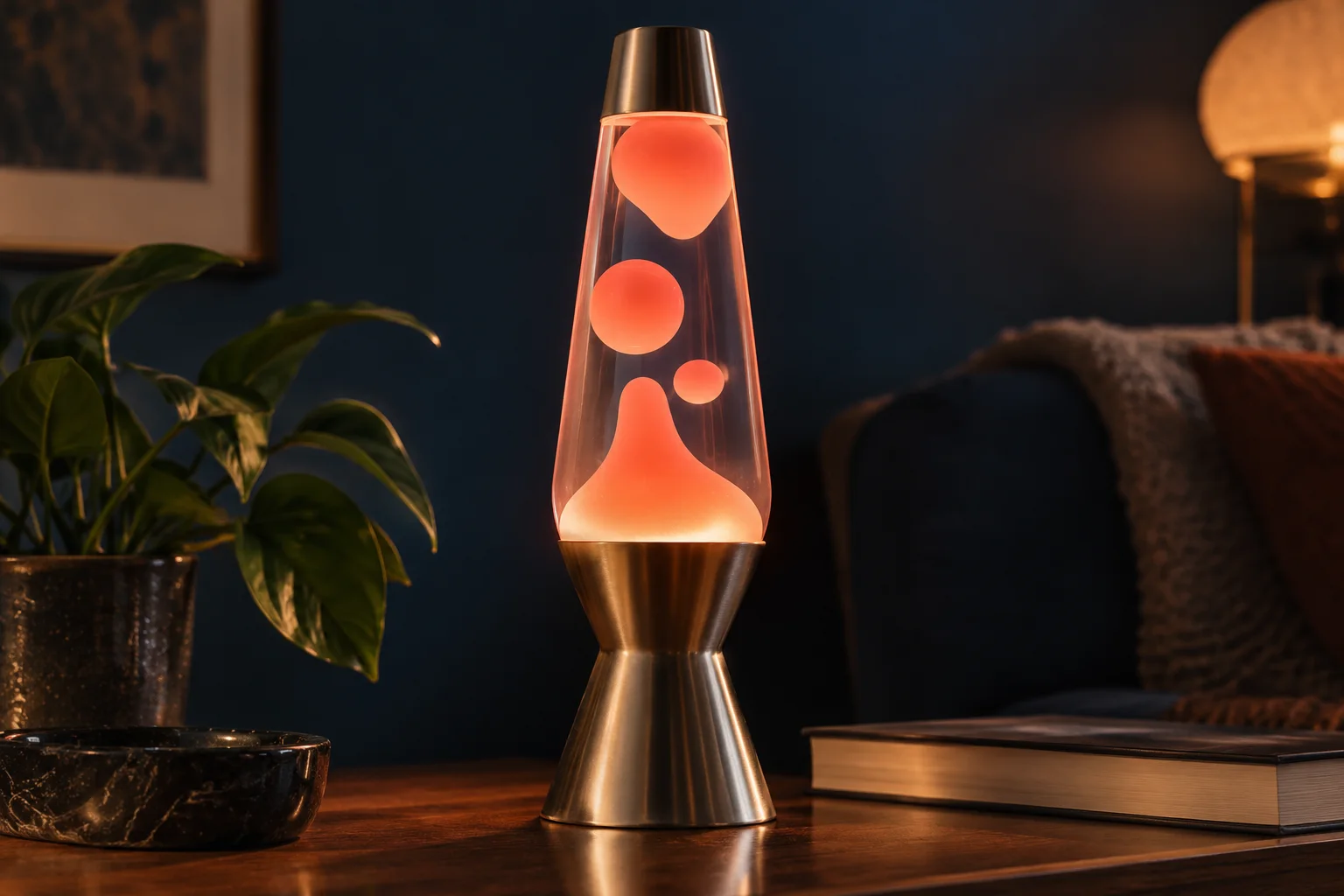 Generated editorial illustration of coral wax blobs moving inside a clear glass lava lamp.