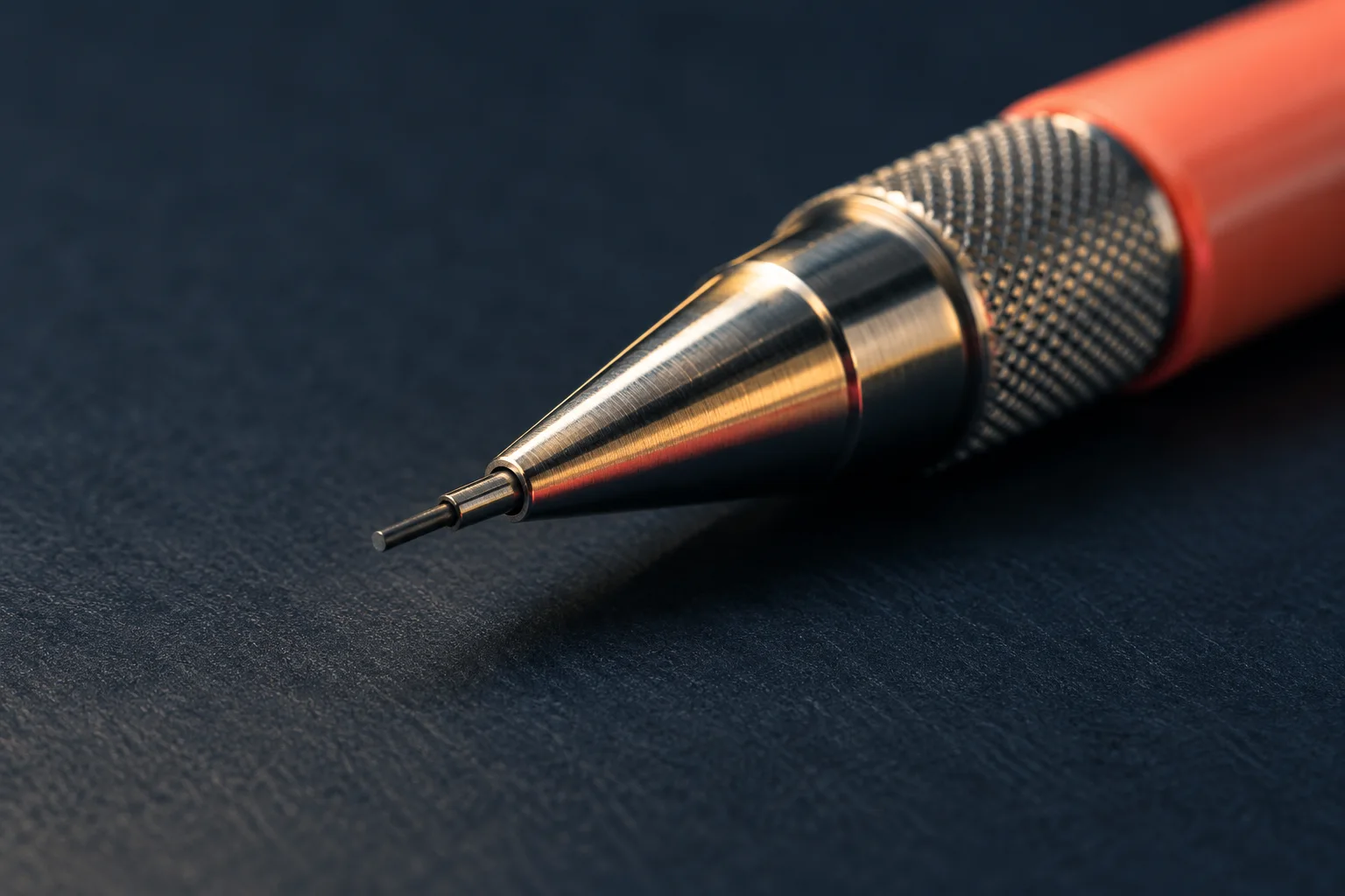 Generated editorial close-up of a metal mechanical-pencil tip with a short graphite lead over dark paper.