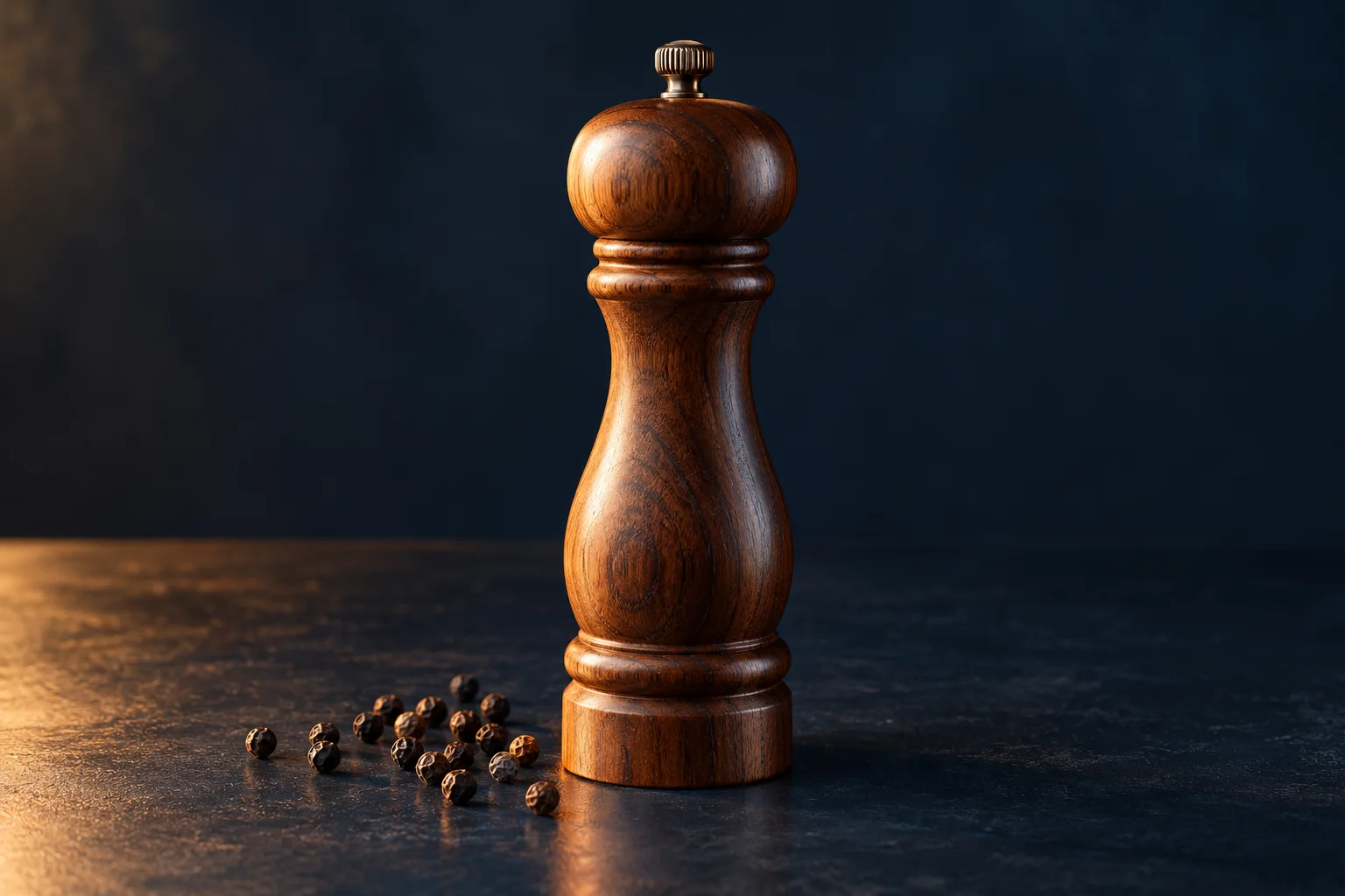 Generated editorial illustration of a whole wooden pepper mill and peppercorns on a navy surface.