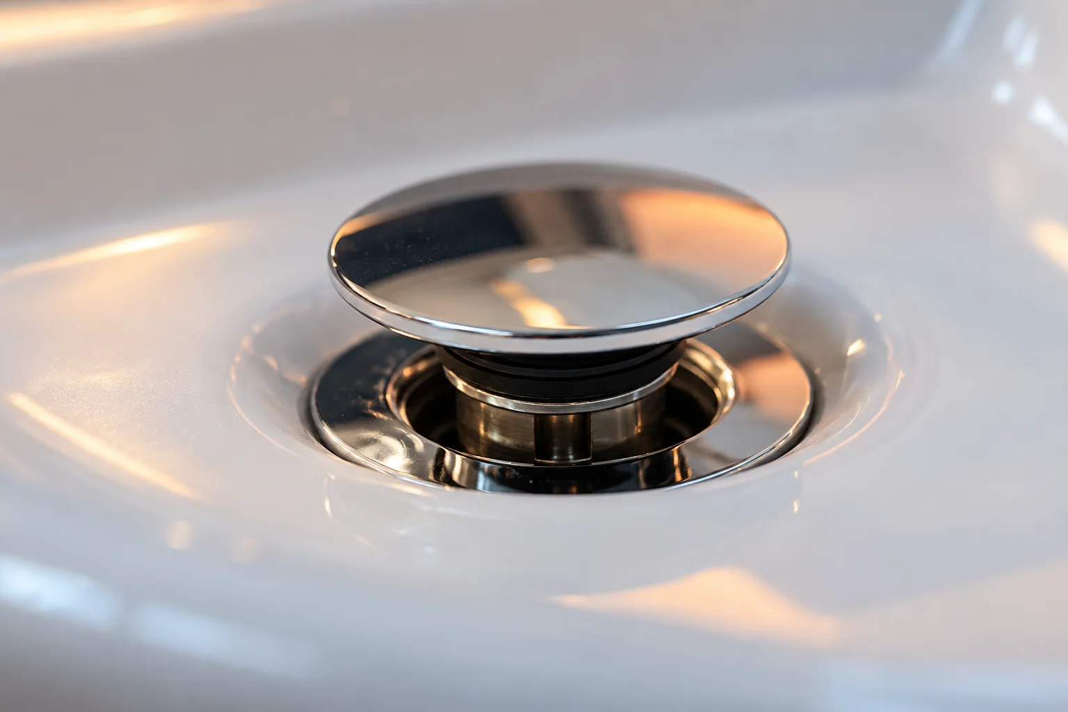 Generated editorial illustration of a chrome pop-up stopper raised above a white basin drain.