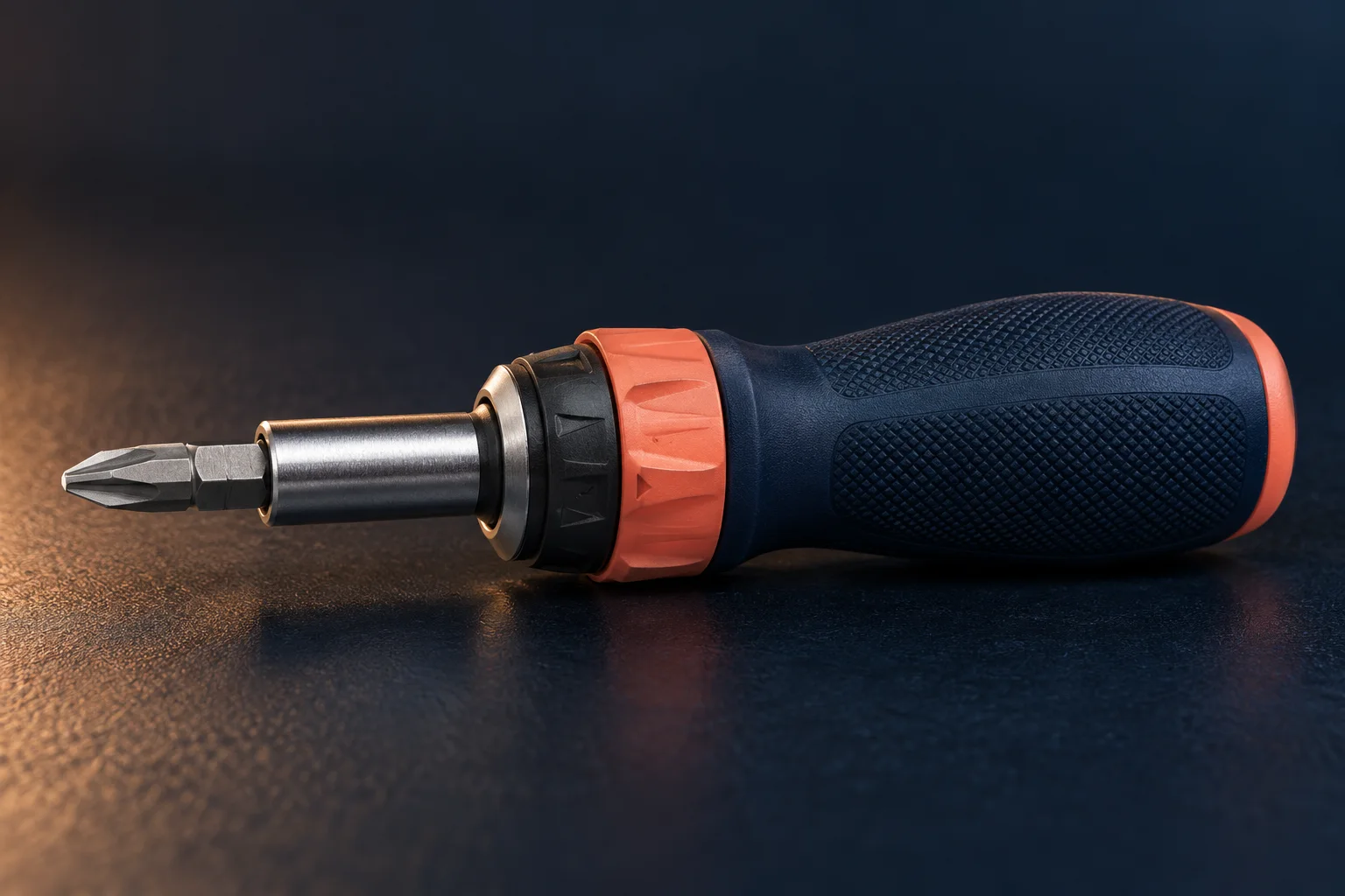 Generated editorial illustration of an unbranded ratchet screwdriver with a selector collar.