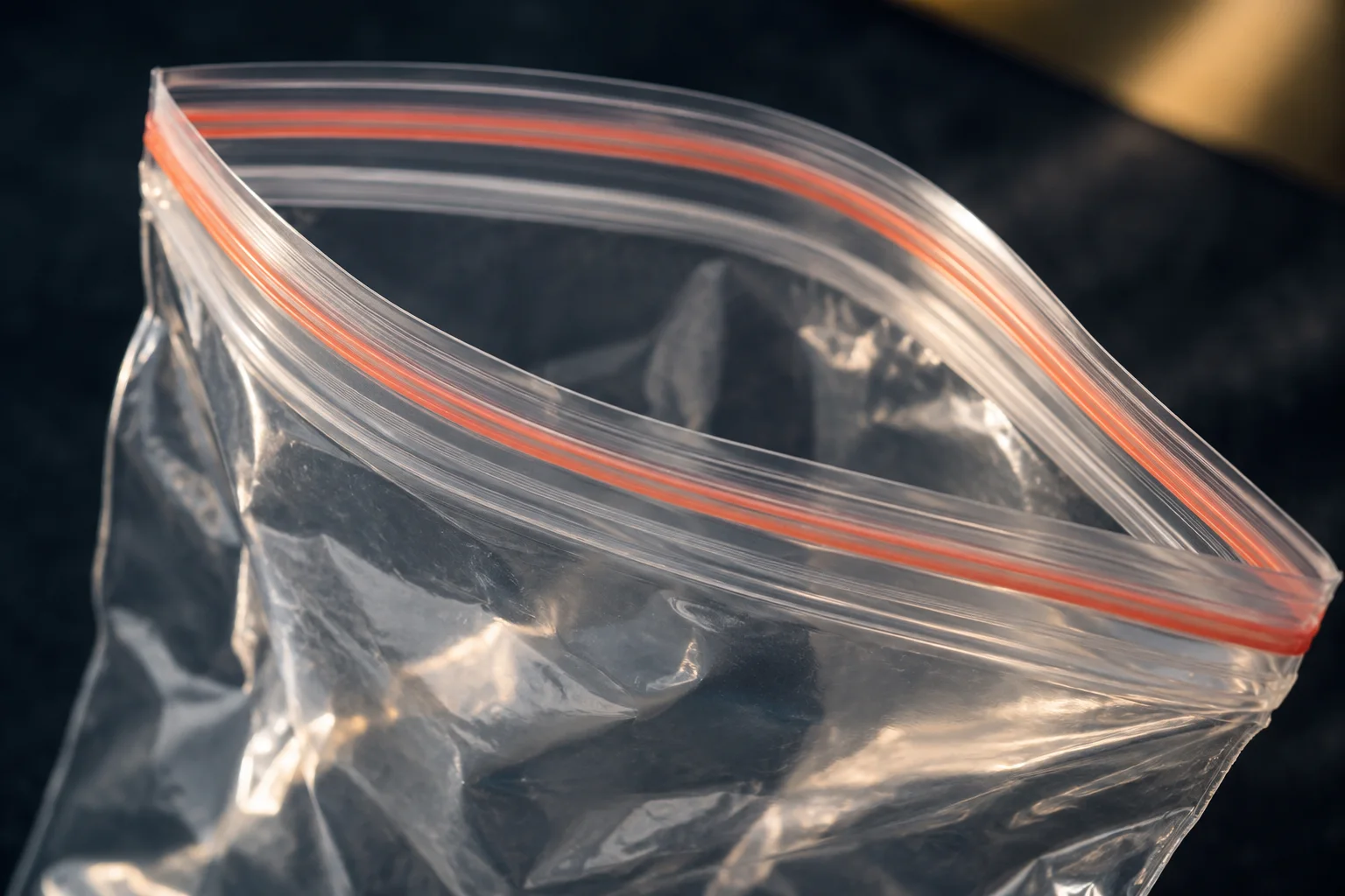 Generated editorial illustration of a partly open clear bag with continuous press-seal strips.