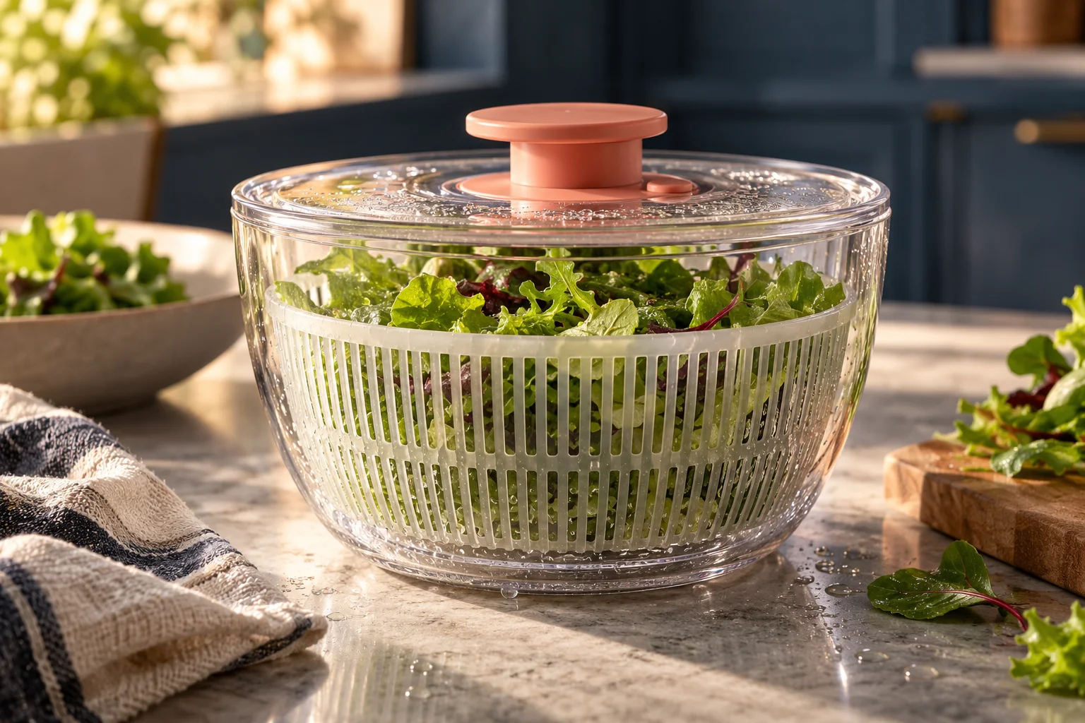 Generated editorial illustration of a clear salad spinner, perforated basket and green leaves.
