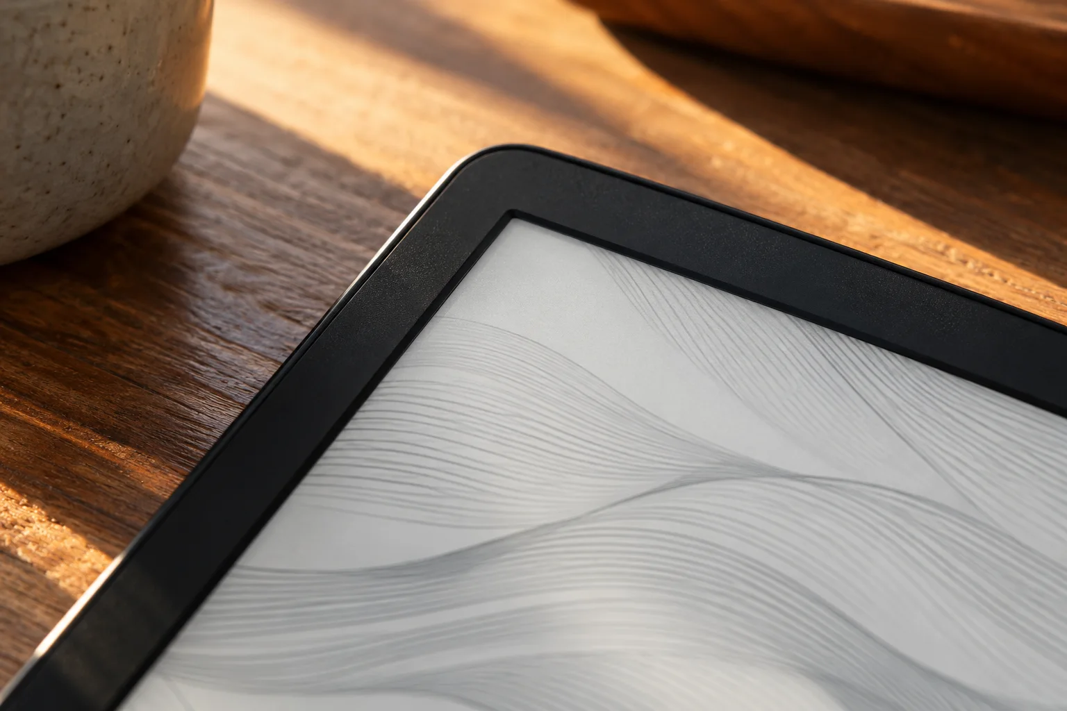 Generated editorial illustration of an unbranded e-reader screen corner with a fine gray pattern.