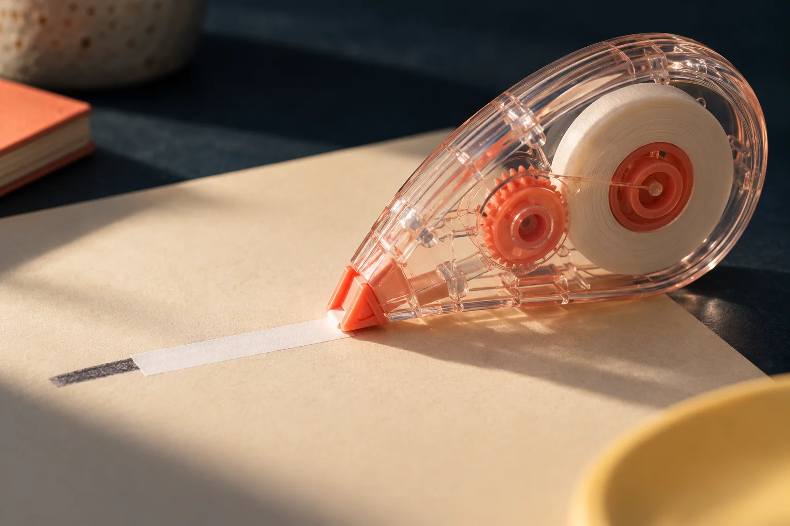 Generated editorial illustration of a correction-tape dispenser laying a white strip over a dark mark.
