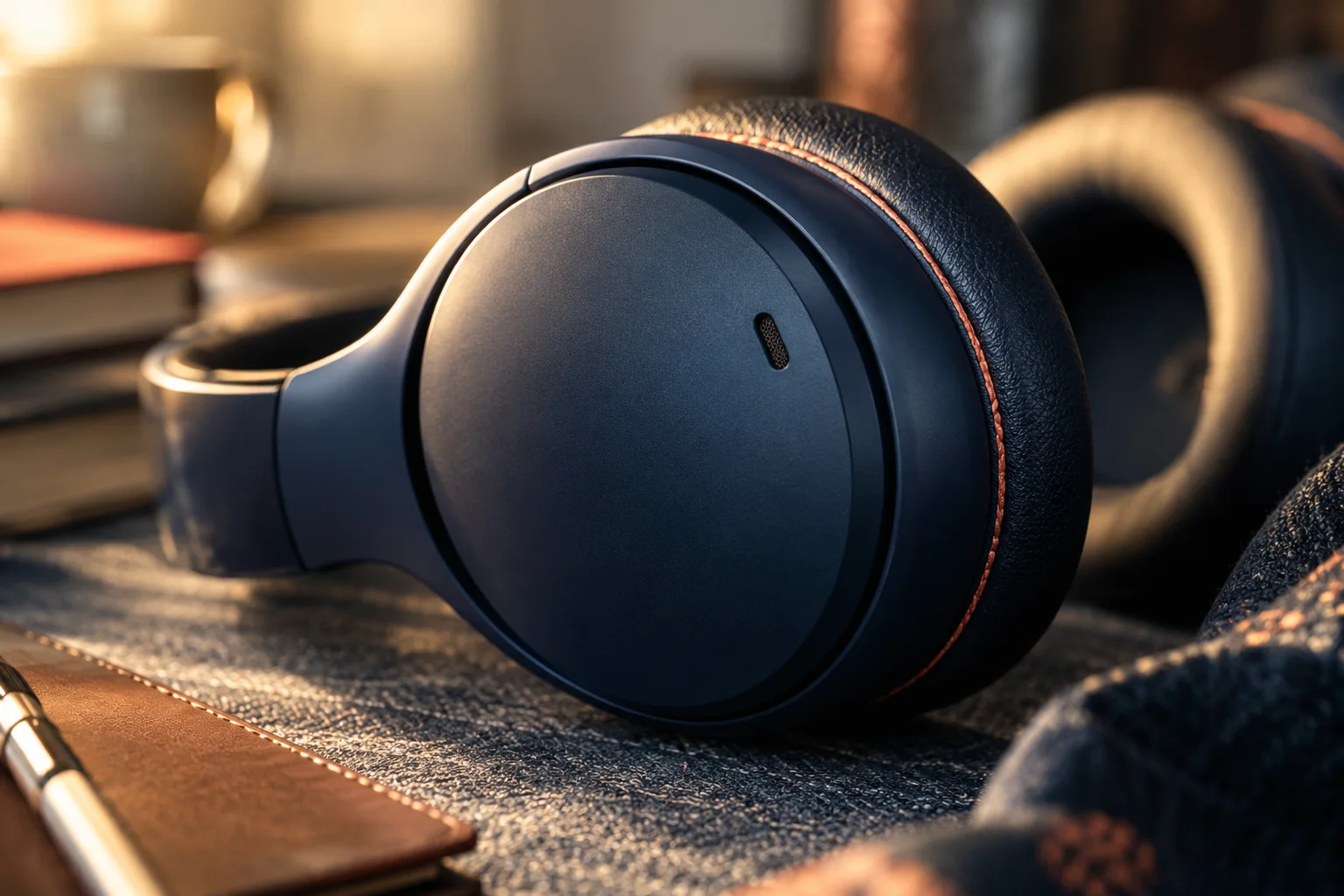 Generated editorial illustration of a navy over-ear headphone earcup with a small microphone opening.