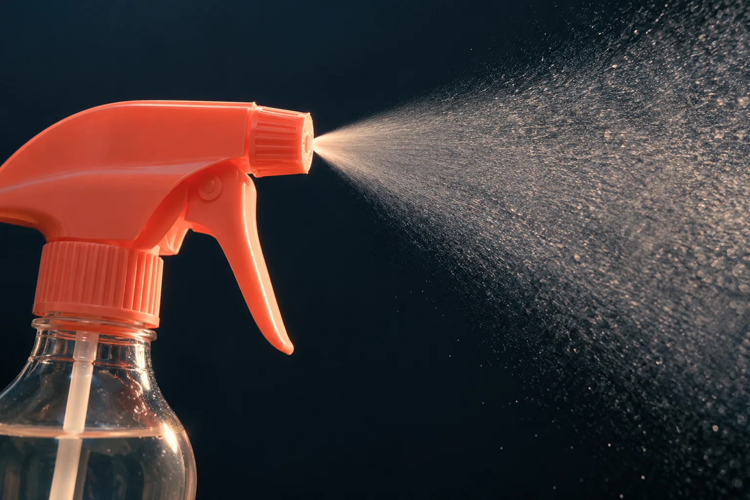 Generated editorial illustration of a coral trigger-spray nozzle releasing mist against a dark background.