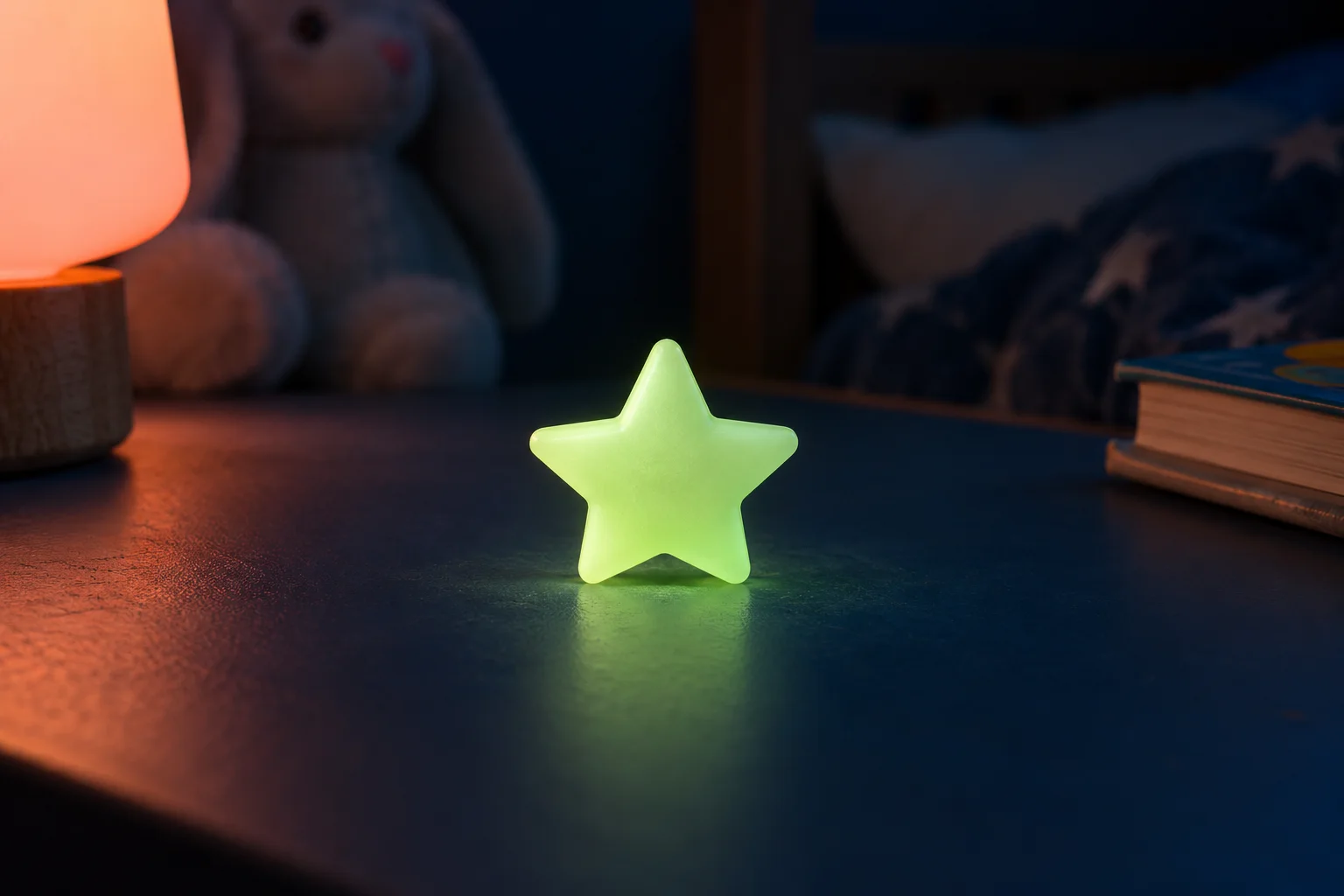 Generated editorial illustration of a softly glowing green plastic star on a navy surface.