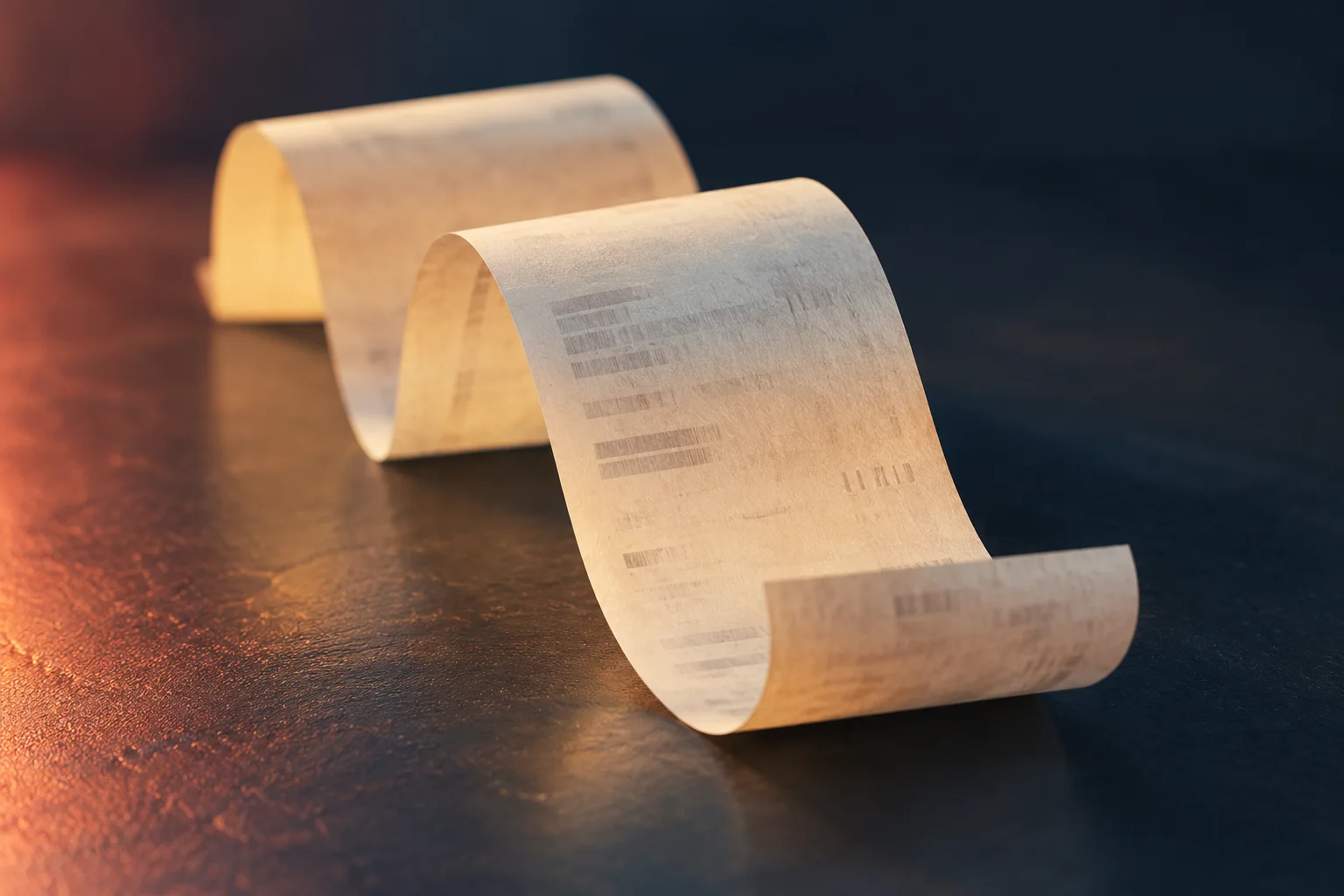 Generated editorial illustration of curled thermal receipt paper with abstract partly faded bars.