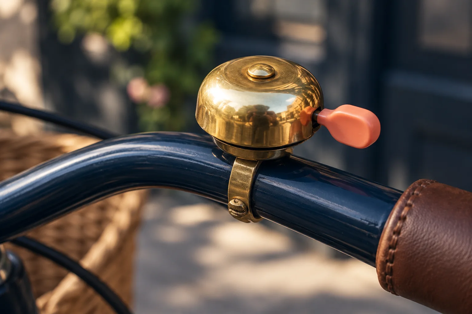 Generated editorial illustration: An ordinary small polished brass bicycle bell on a navy handlebar, coral thumb lever, believable clamp.