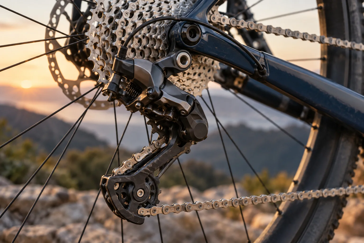 Generated editorial illustration: A credible bicycle rear derailleur beside silver cassette sprockets and chain on navy bicycle frame, no branding.