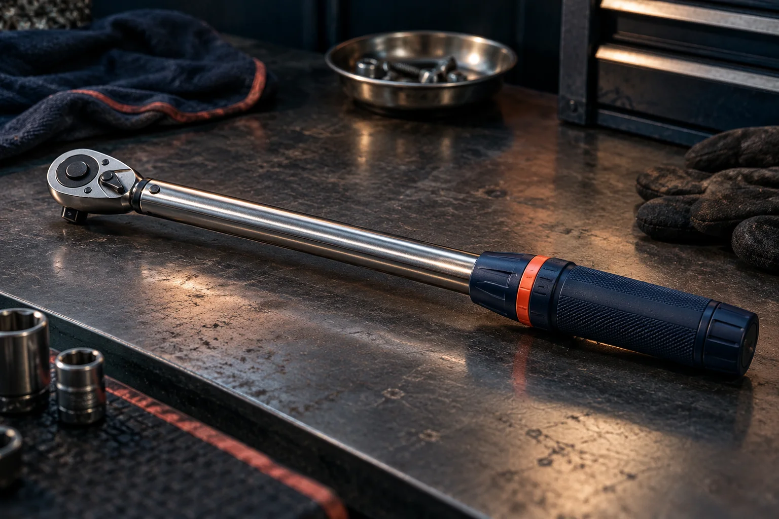 Generated editorial illustration: A full recognizable click torque wrench with slim steel shaft, ratchet head and navy adjustment handle, coral index accent, no readable numbers.