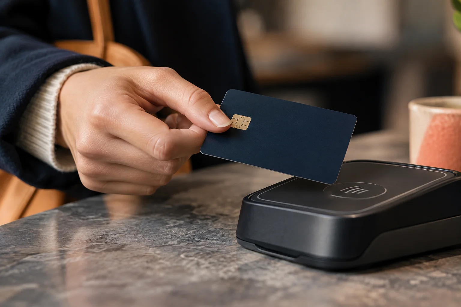 Generated editorial illustration of a plain contactless card held above a reader without banking details.