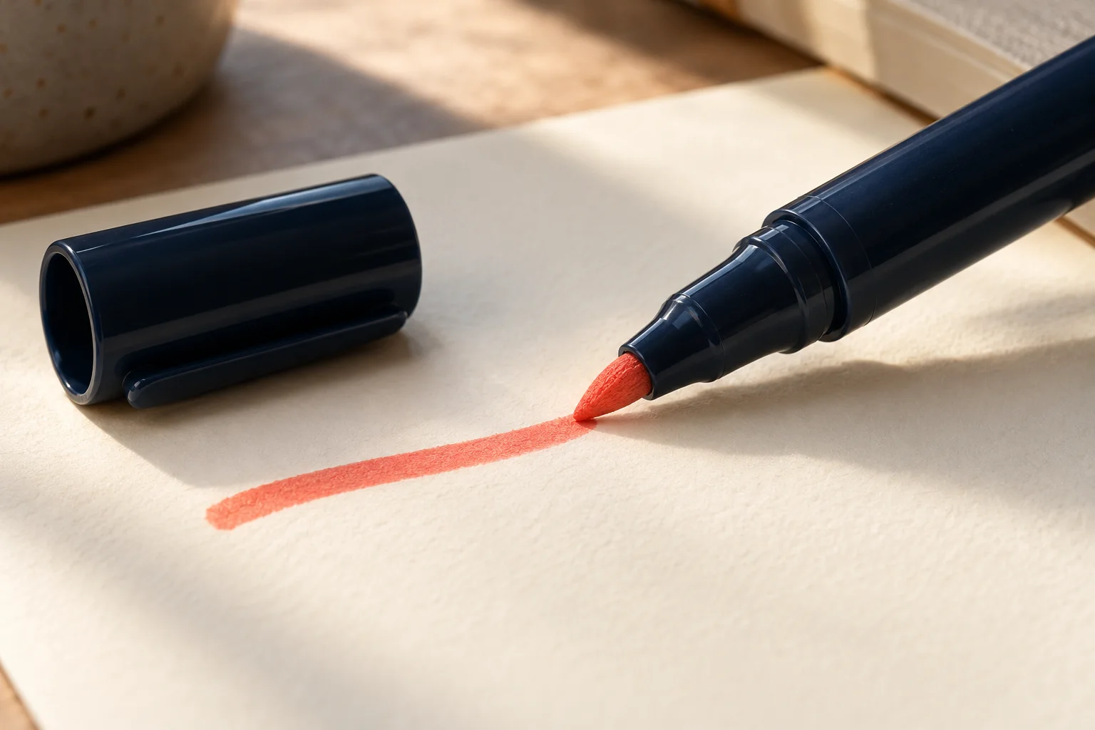 Generated editorial illustration: A navy felt-tip marker with cap beside it and a clear coral felt nib touching cream paper next to a short ink stroke.