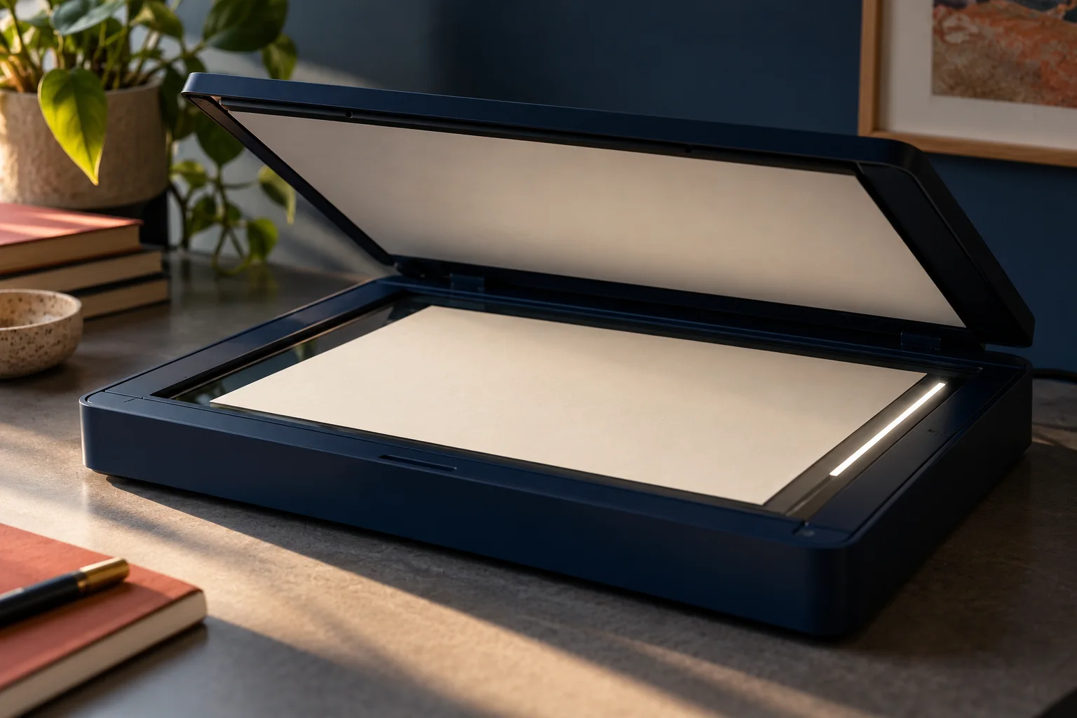 Generated editorial illustration of an open flatbed scanner with paper on its glass.