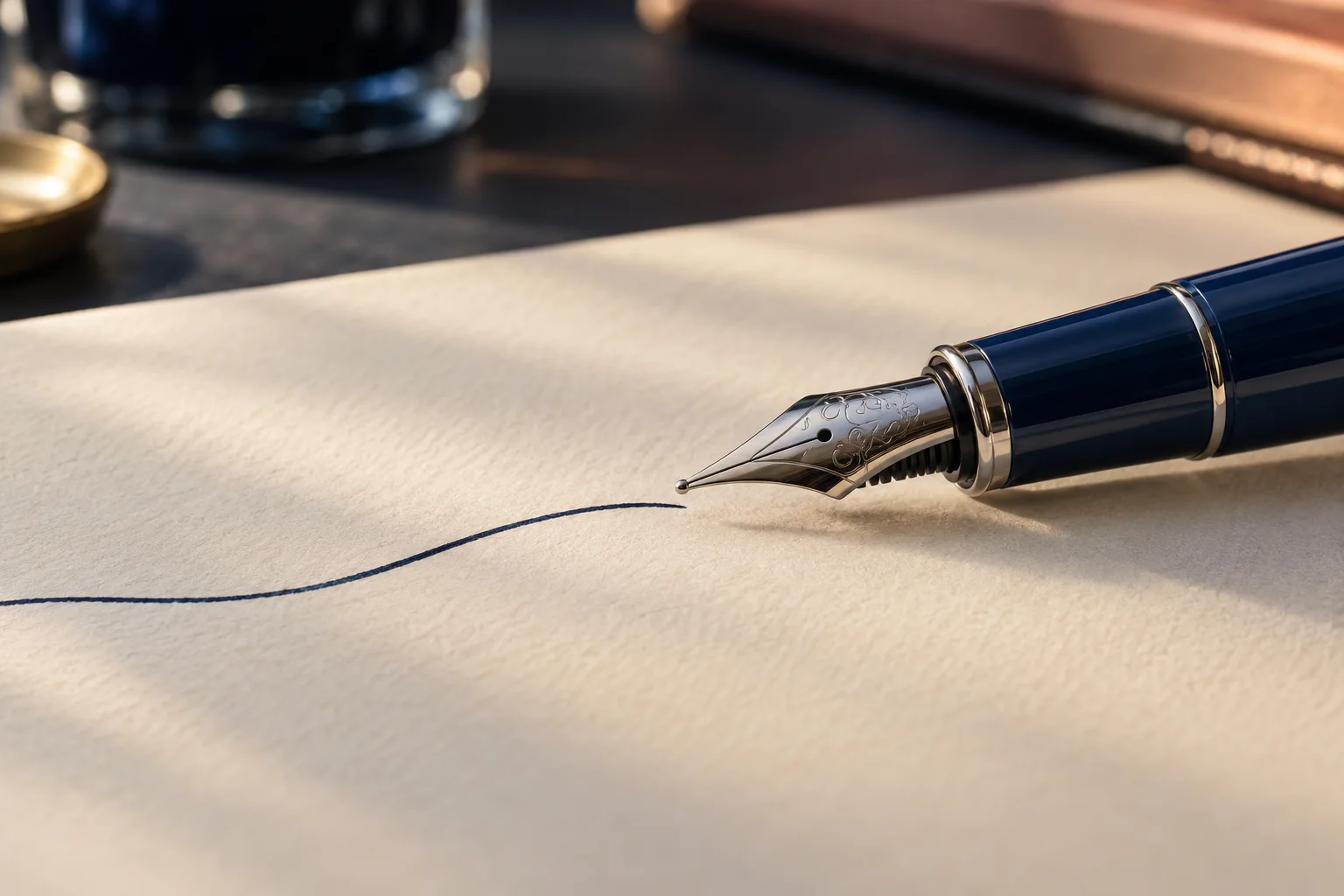 Generated editorial illustration: A realistic silver fountain-pen nib with a narrow central slit on a navy pen body, beside a dark ink line on cream paper.