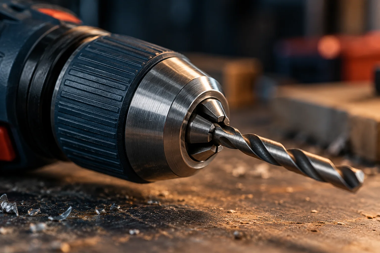 Generated editorial illustration: A closed unbranded steel keyless drill chuck holding a straight drill bit, navy ridged sleeve, realistic three jaws at the nose.