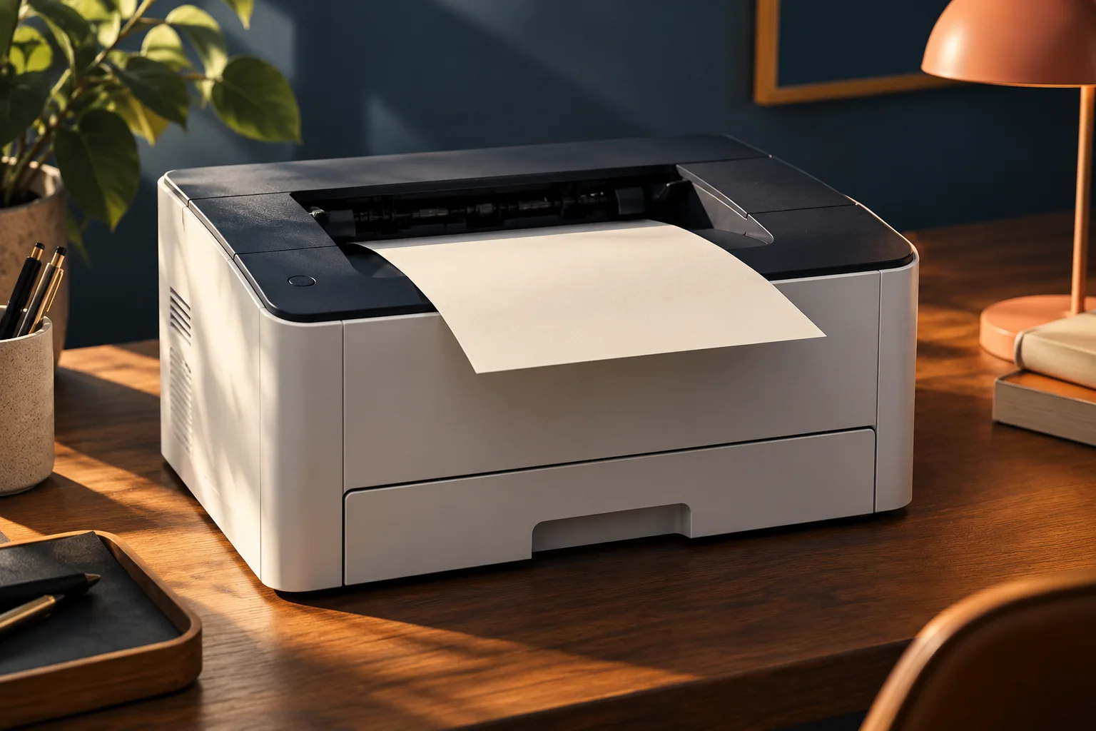 Generated editorial illustration of a compact laser printer with a sheet emerging from its output.