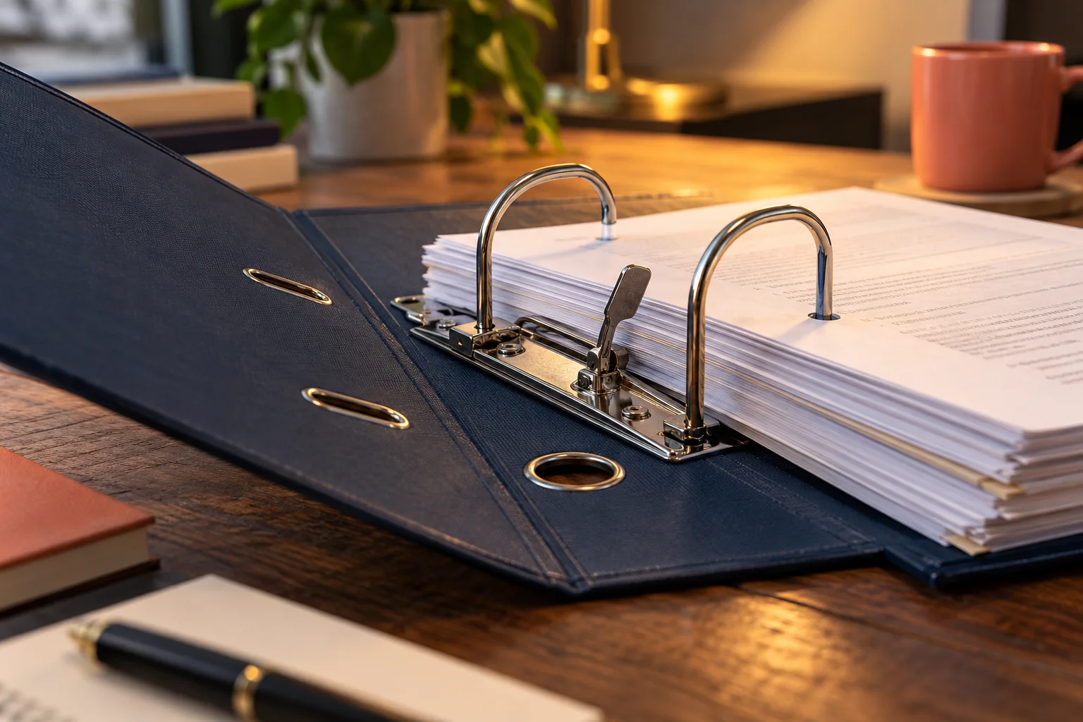 Generated editorial illustration: An open navy lever-arch office binder with two steel arch rings and a small raised release lever, paper sheets visible.