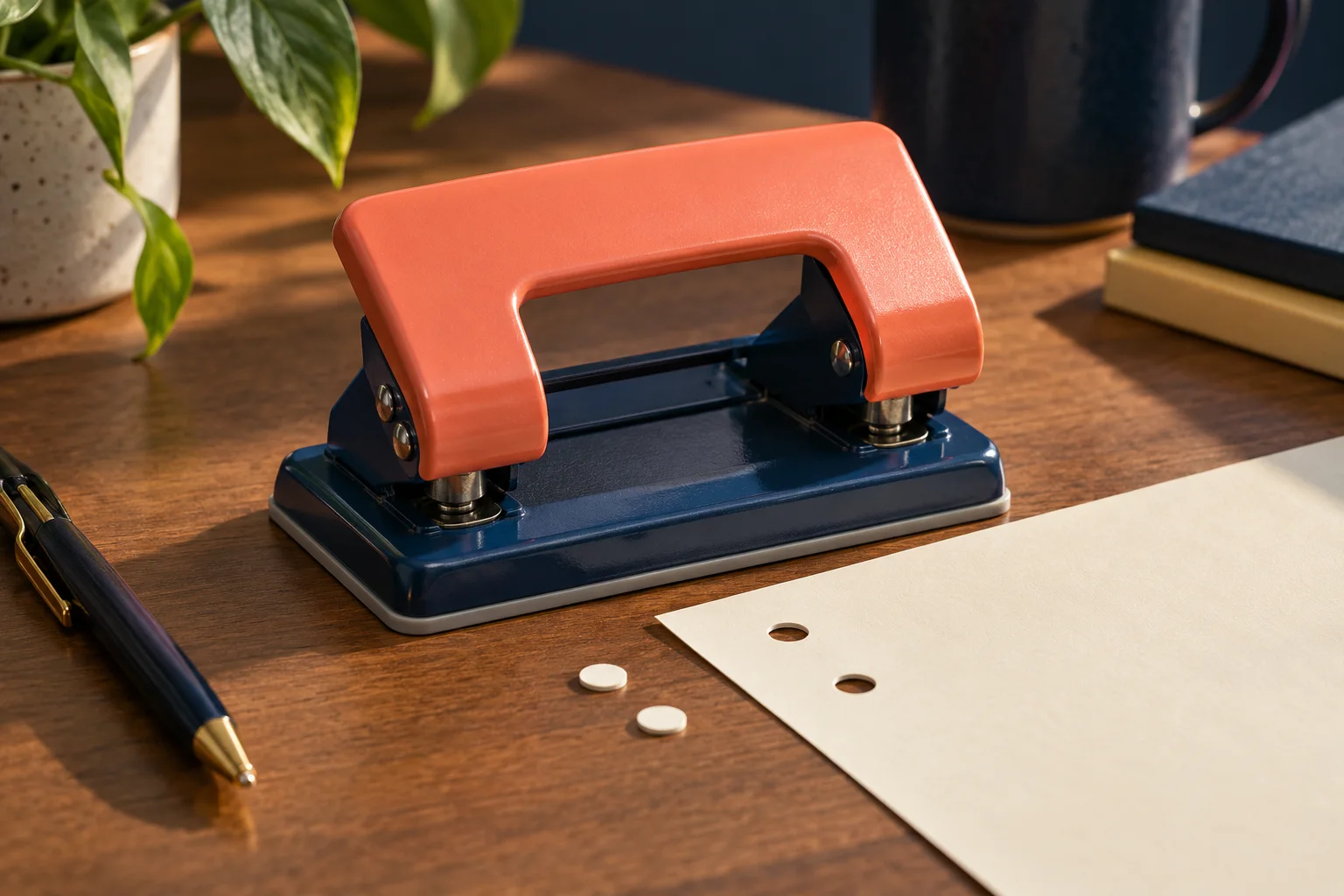 Generated editorial illustration of a two-hole desk punch beside punched paper and two paper disks.
