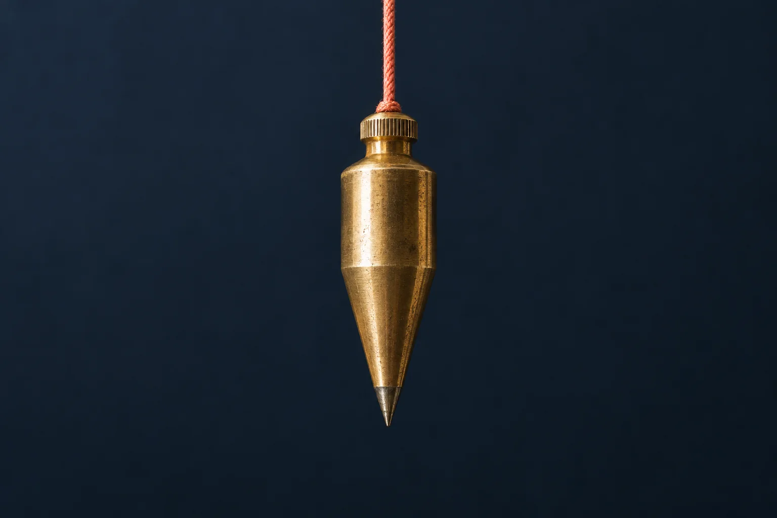 Generated editorial illustration: A single brass plumb bob suspended on a taut coral cord against a matte navy backdrop, conical tip clearly visible.