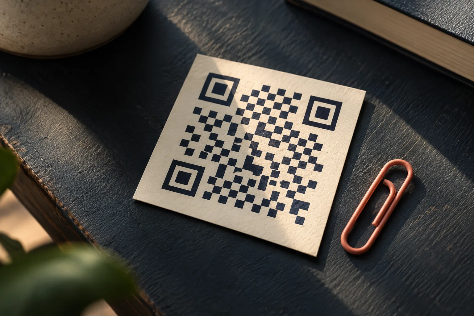 Generated editorial illustration of a non-scannable square-grid motif with three corner finder patterns on a card.