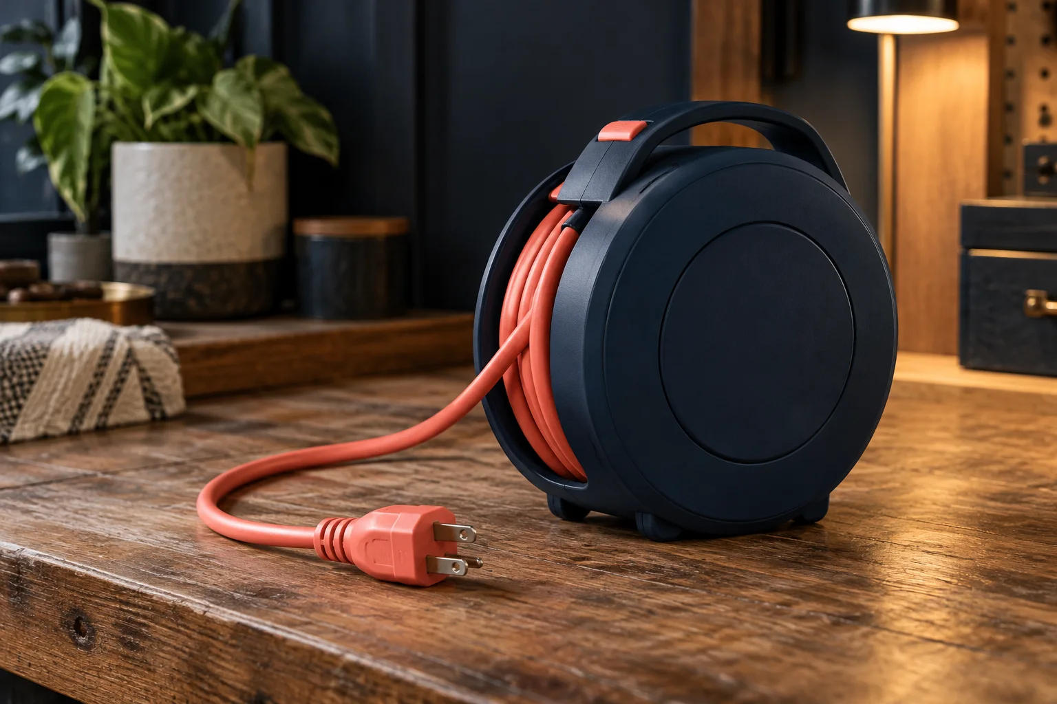 Generated editorial illustration: A compact closed retractable extension cord reel with navy case, coral cable and one ordinary plug, neatly staged with the cable partly extended.